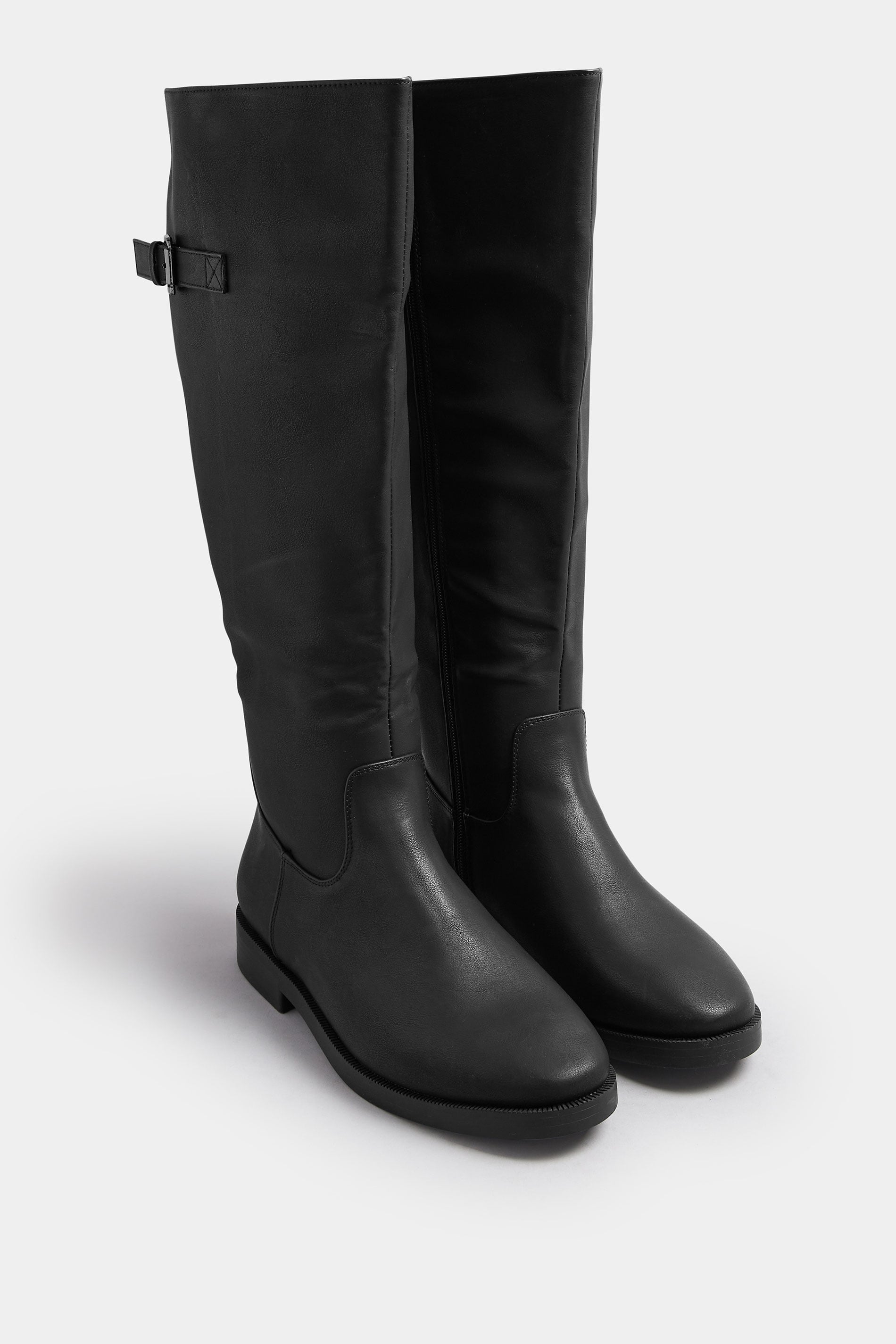  Bottes Hautes En Similicuir Noir Avec Boucle, Coupe Extra Large EEE