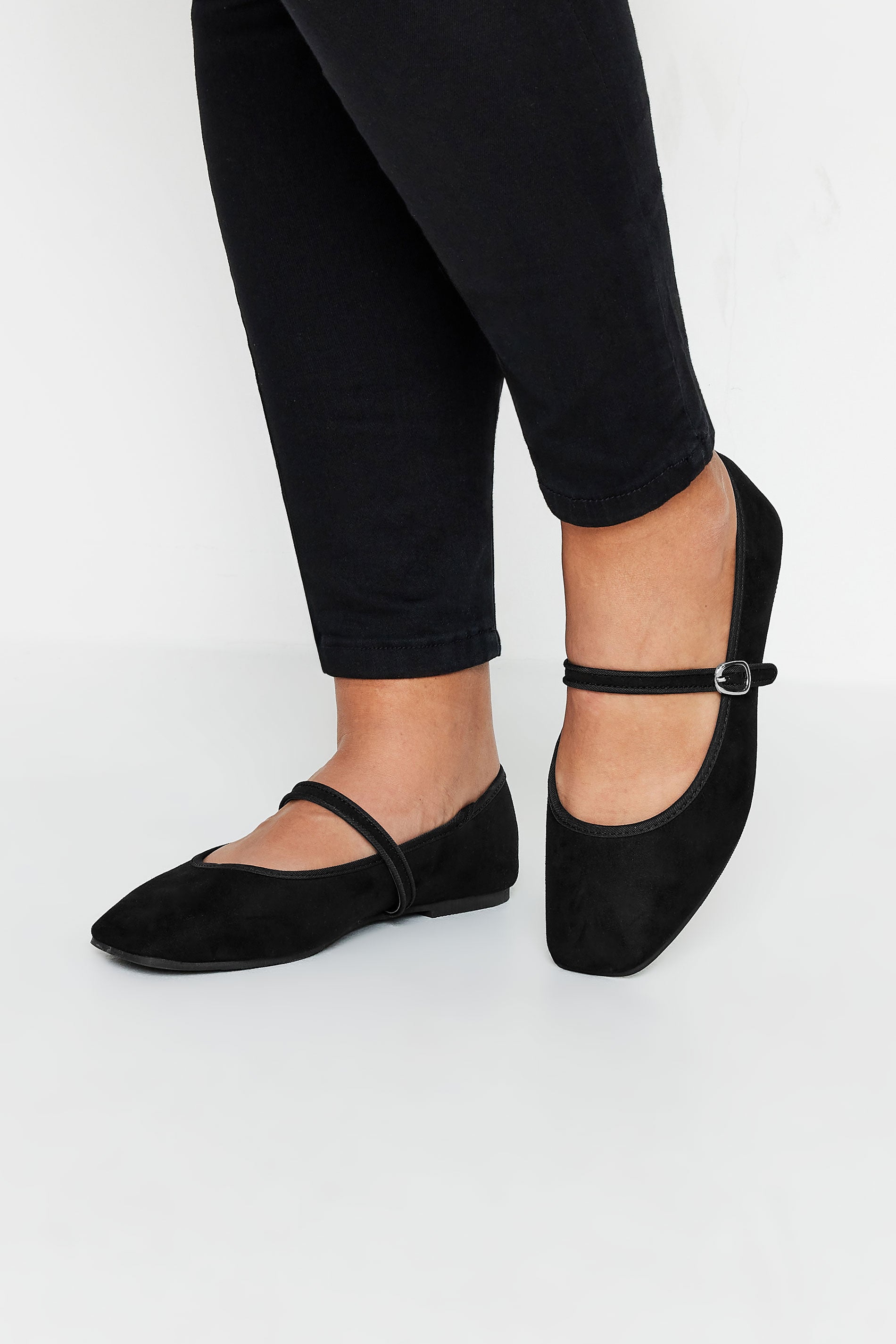  Ballerines Noires Effet Daim Carrées Avant Pieds Extra Larges EEE