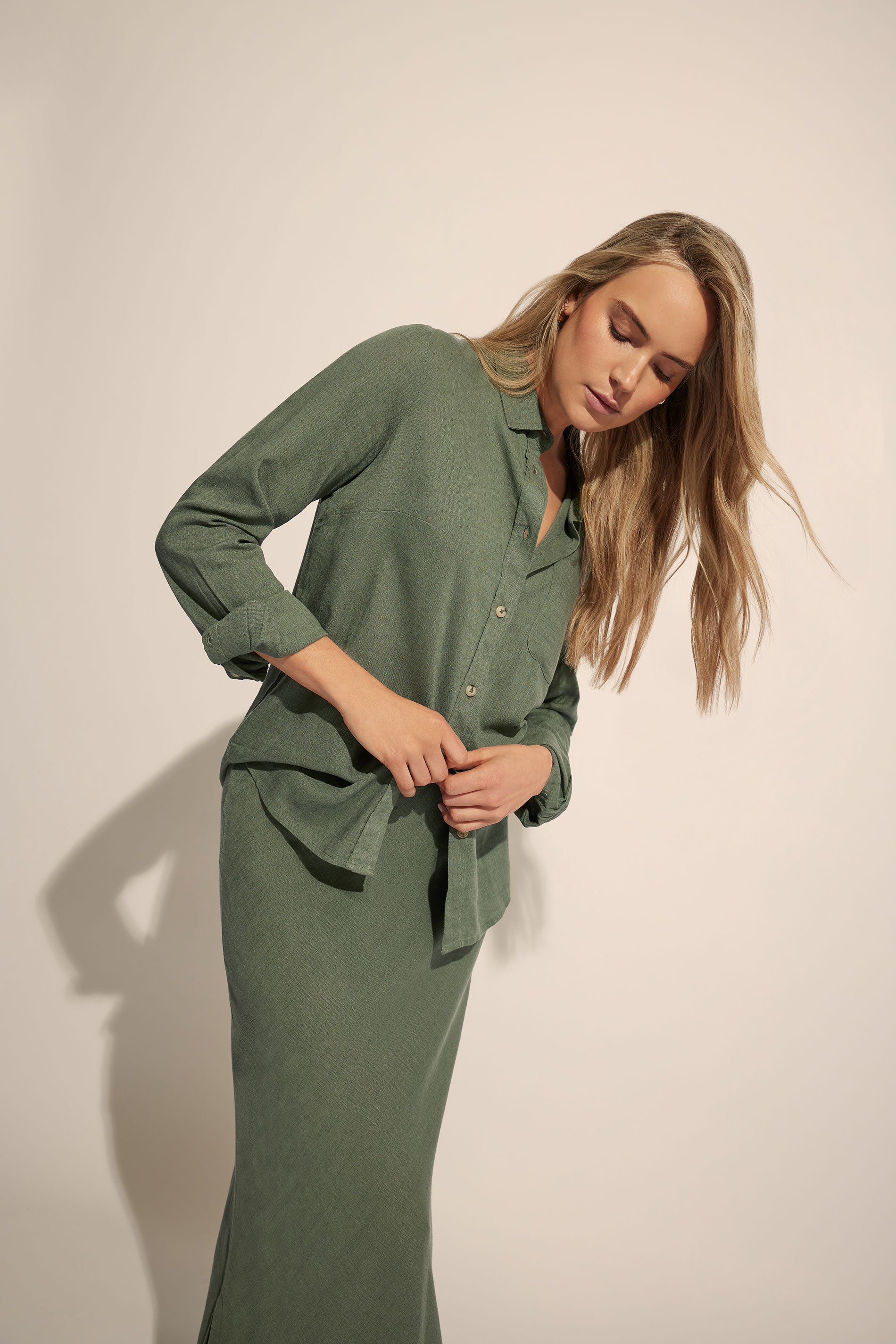  LTS Tall Khaki Green Linen Oversized Long Sleeve Shirt