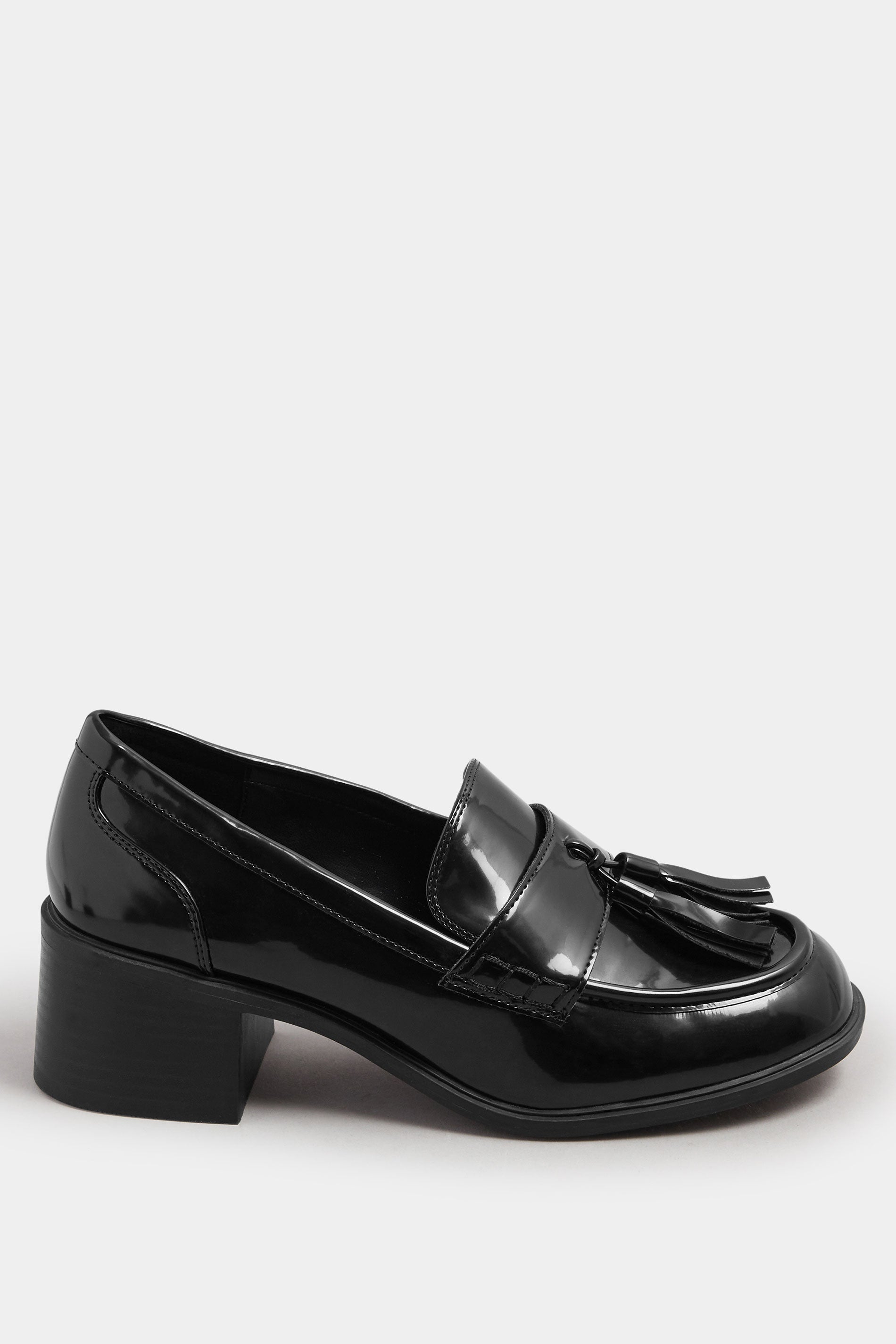  YOURS Curve Mocassins à Talons Et Pampilles En Cuir Verni Noir, Coupe Extra Large EEE