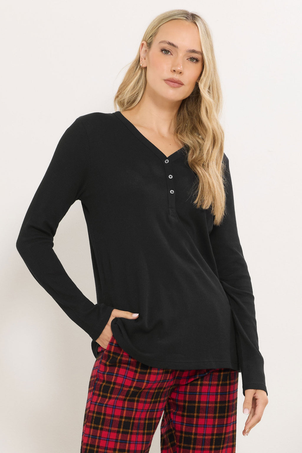  LTS Tall Black Cotton Waffle Pyjama Top