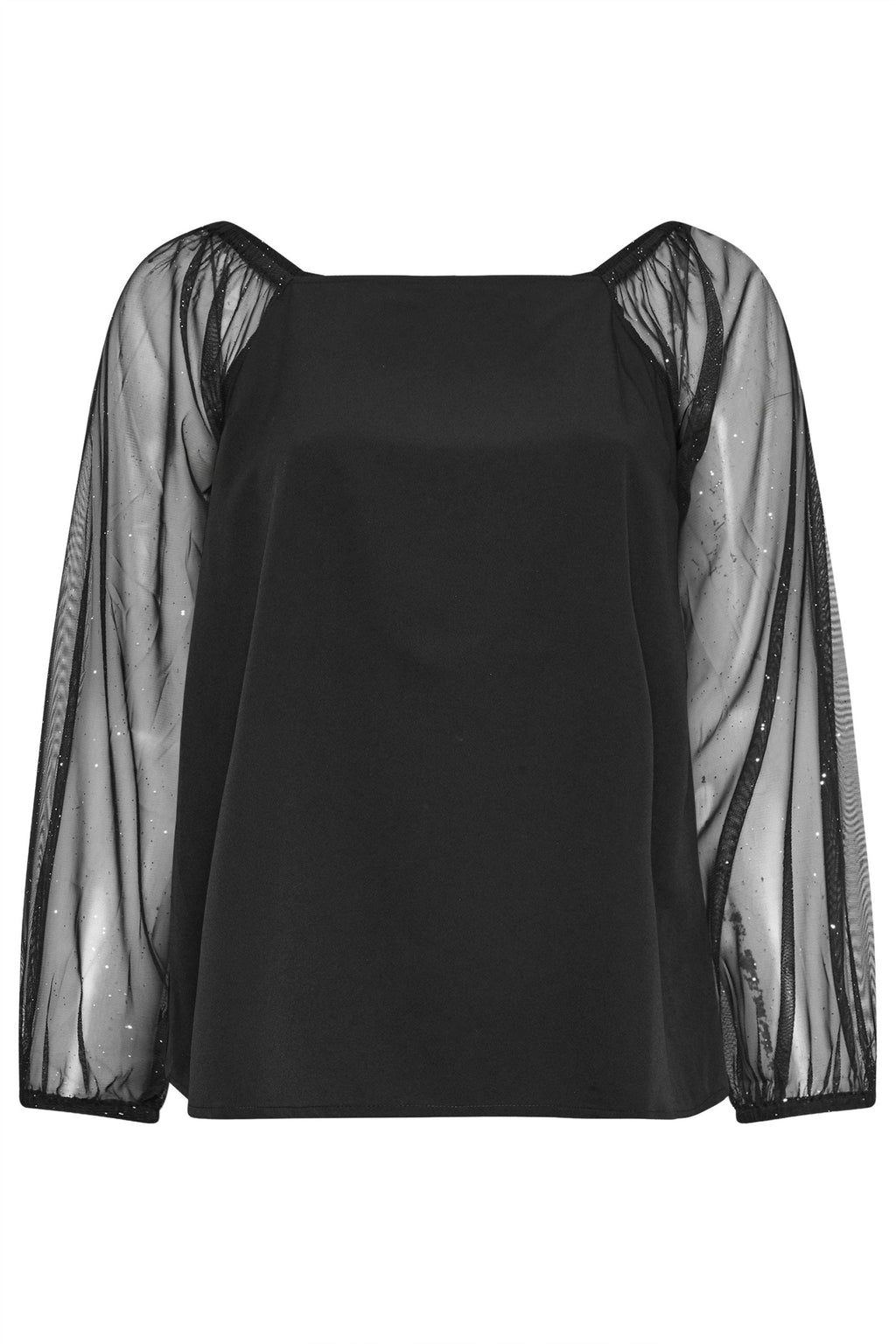  YOURS - Top Noir Volanté Manches En Filet Pailletté
