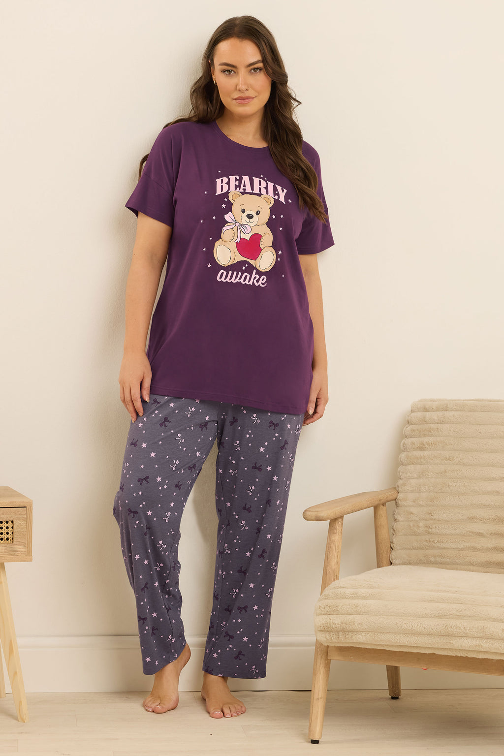  YOURS Curve Ensemble De Pyjama à Jambes Larges Violet Avec Slogan « Bearly Awake »