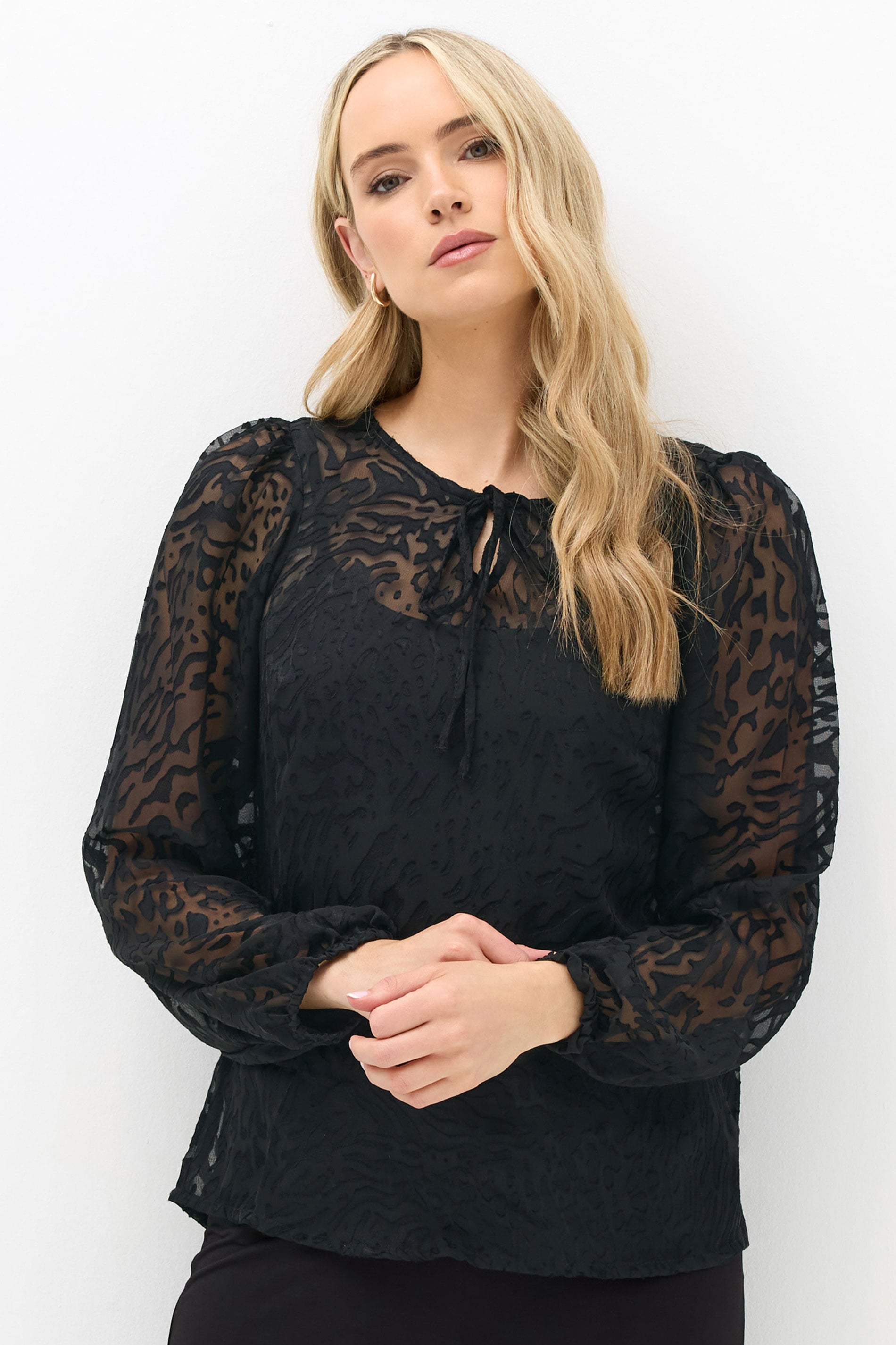  LTS Tall Black Animal Burnout Tie Blouse