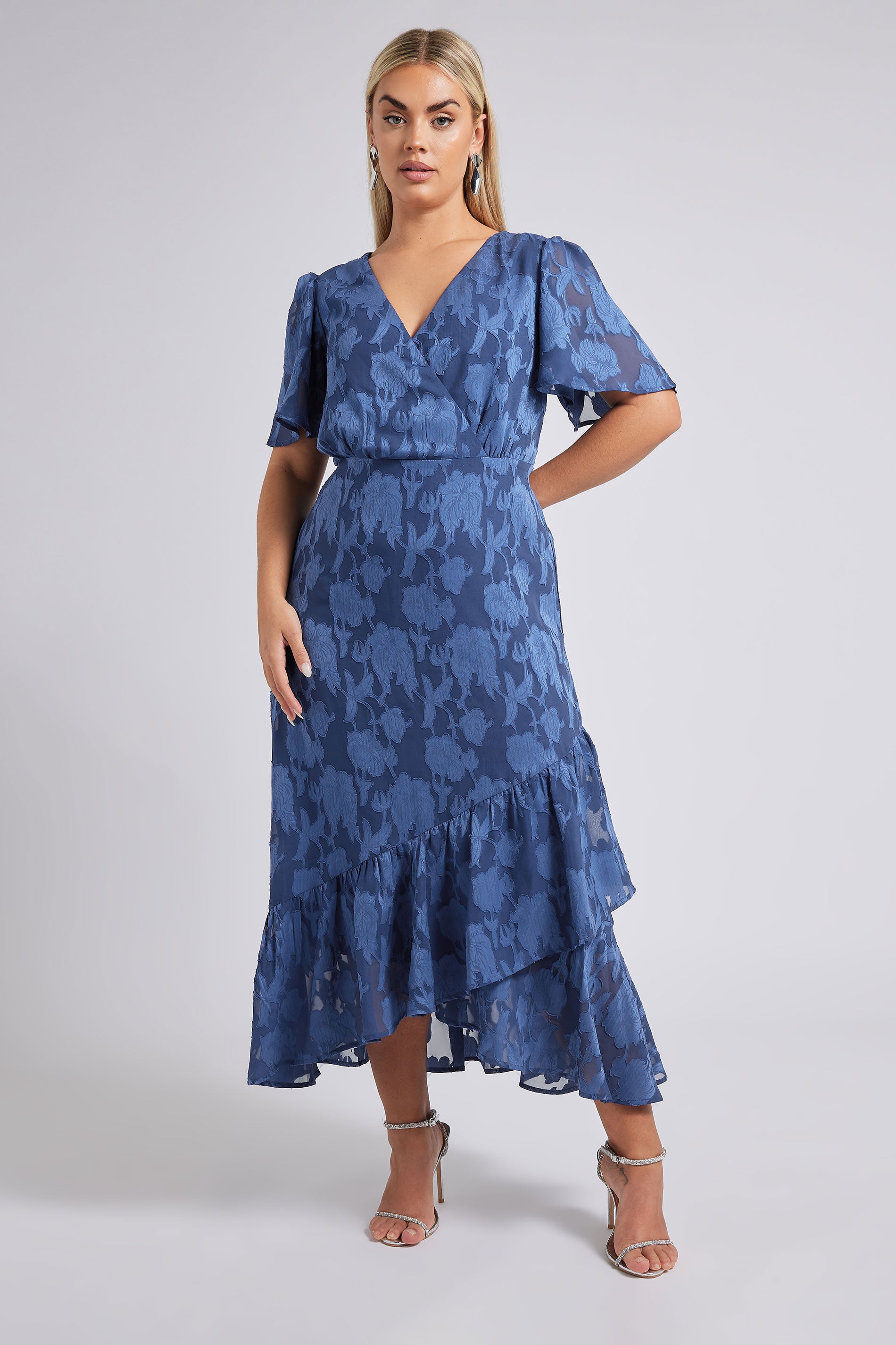  YOURS LONDON - Robe Bleue Marine Cache-Coeur Jacquard Floral