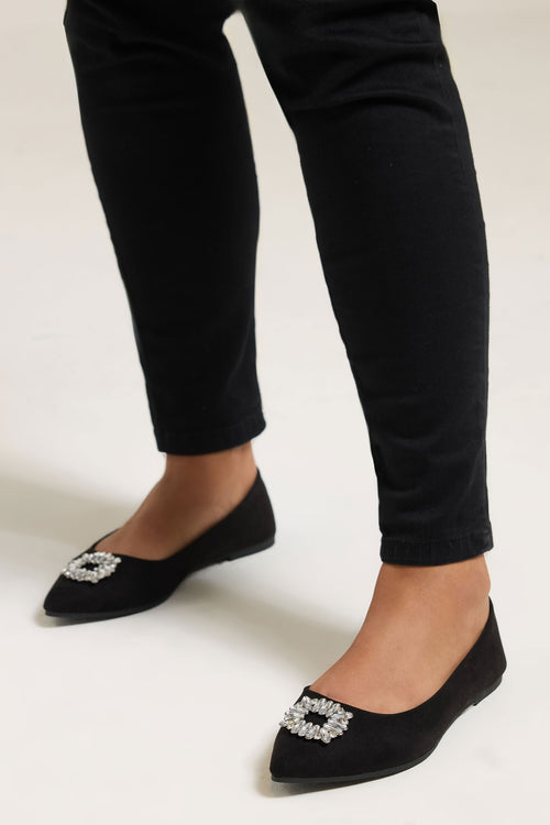  Ballerines Pointues En Faux Daim Noir à Strass, Coupe Extra Large EEE