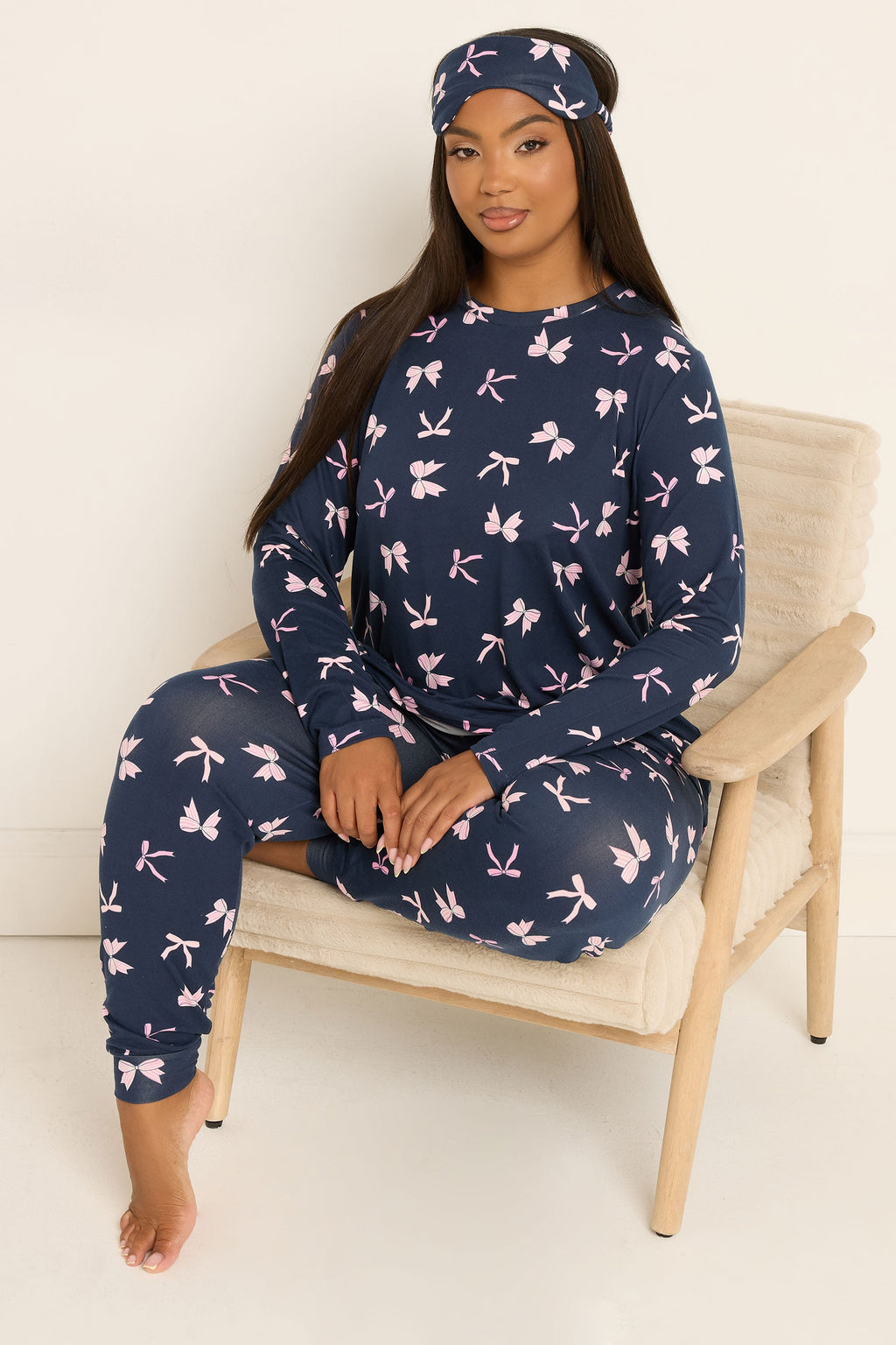  YOURS Curve Ensemble Pyjama Et Masque Pour Les Yeux Doux Au Toucher Avec Nœud Bleu Marine