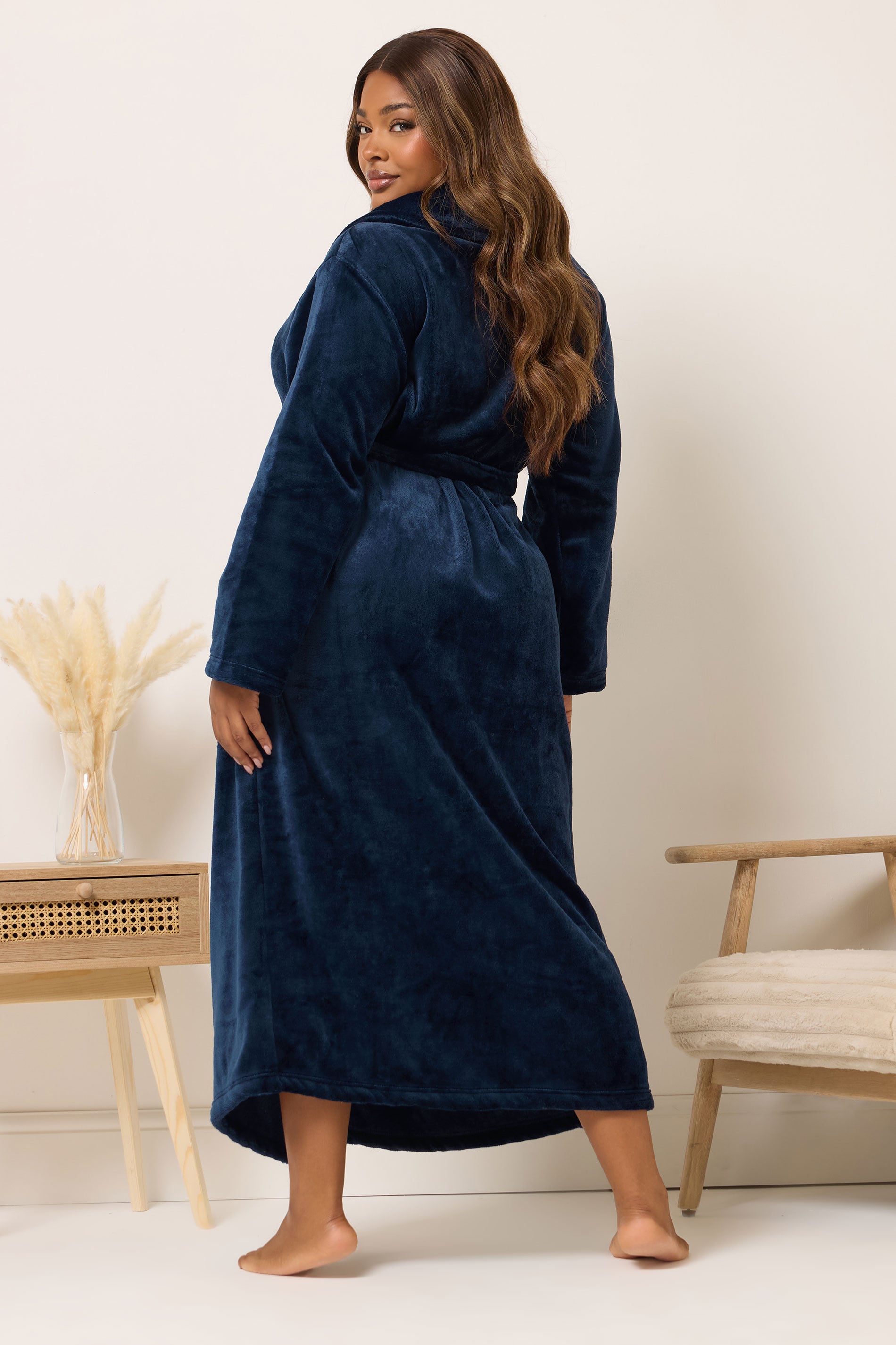 YOURS Curve Robe De Chambre Longue Super Luxueuse Bleu Marine