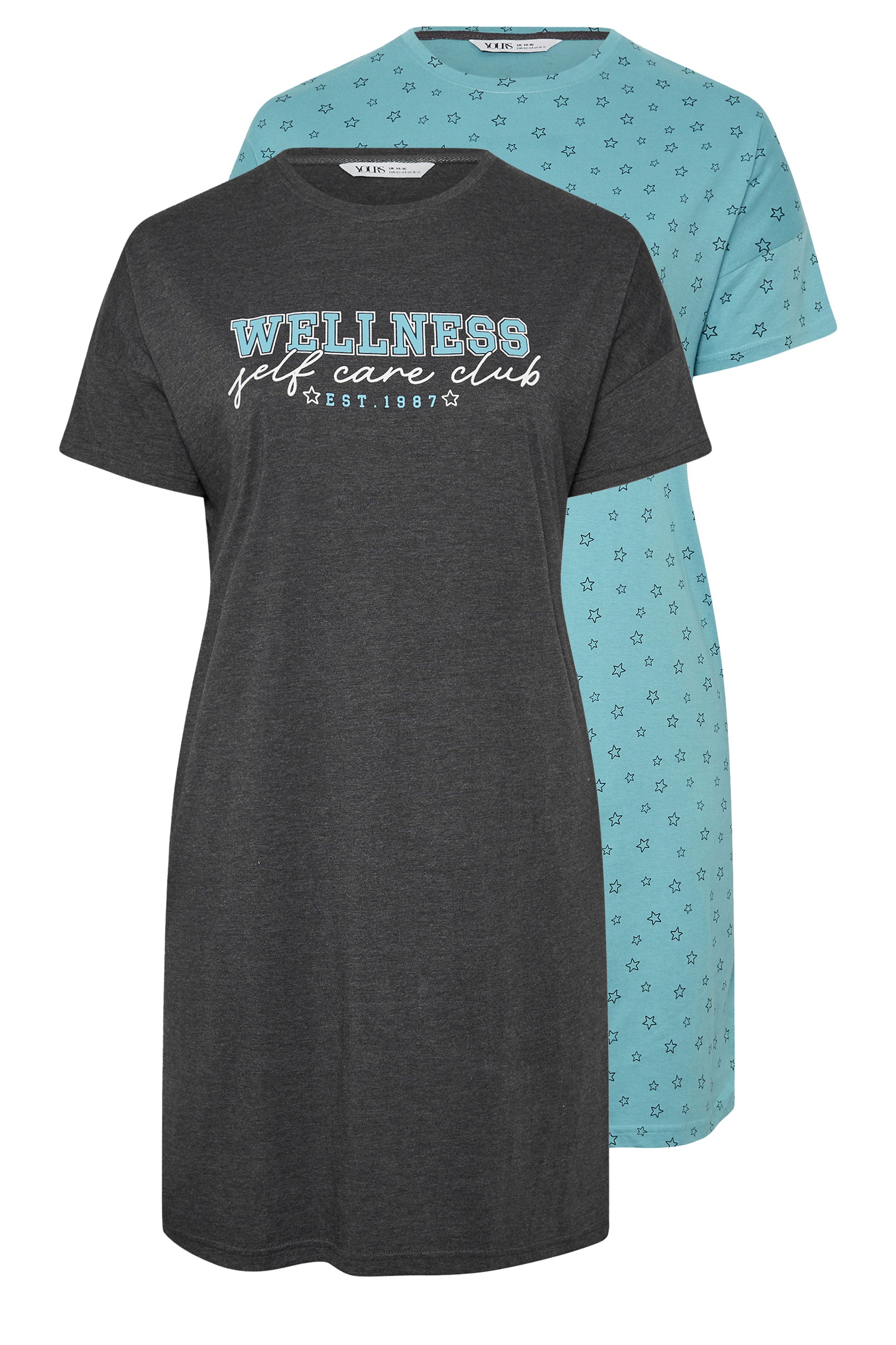  YOURS - Lot De 2 Chemises De Nuit Bleue & Grise 'Wellness' Design Étoiles