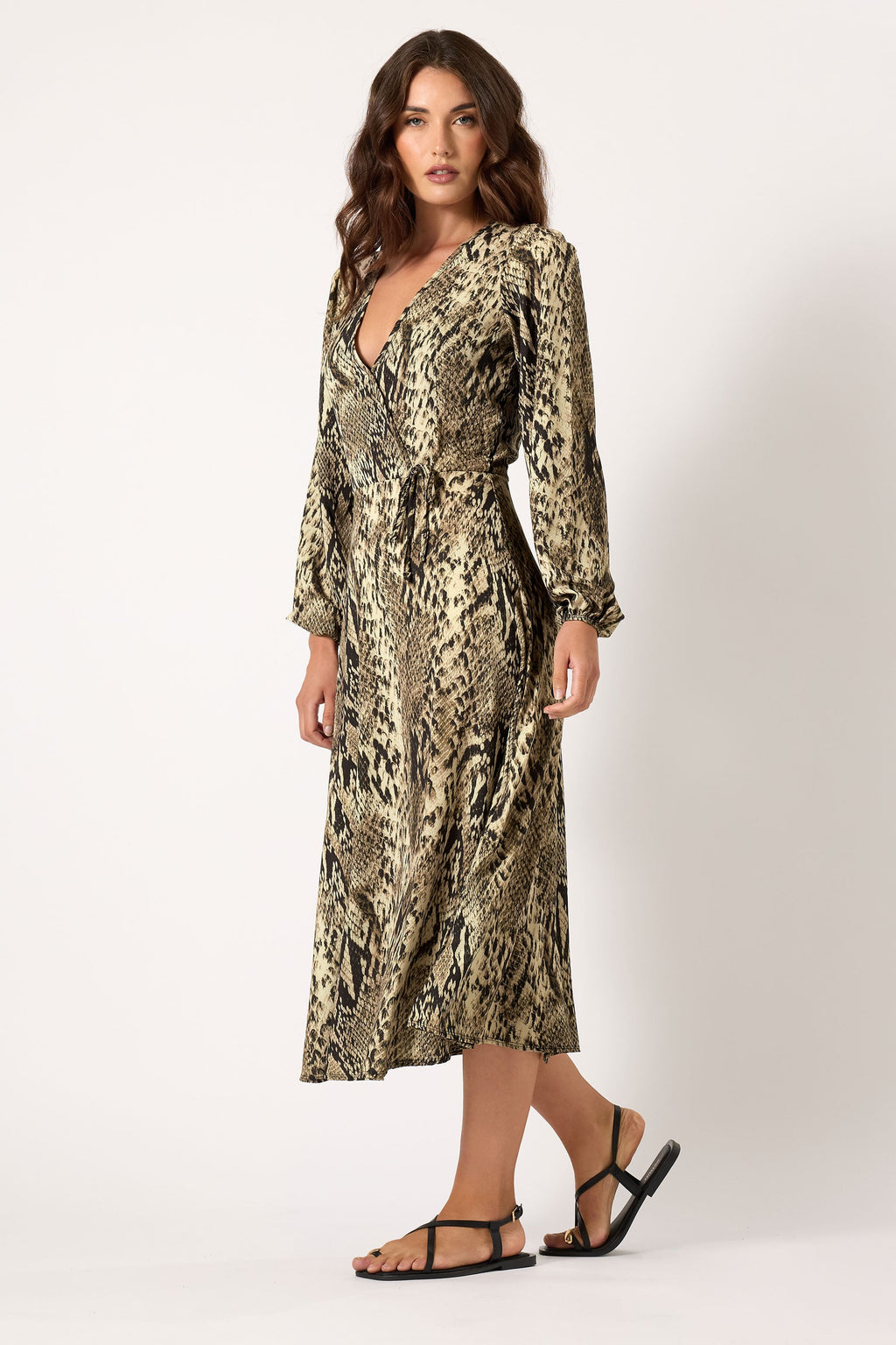  LTS Tall Beige Brown Snake Print Wrap Midi Dress