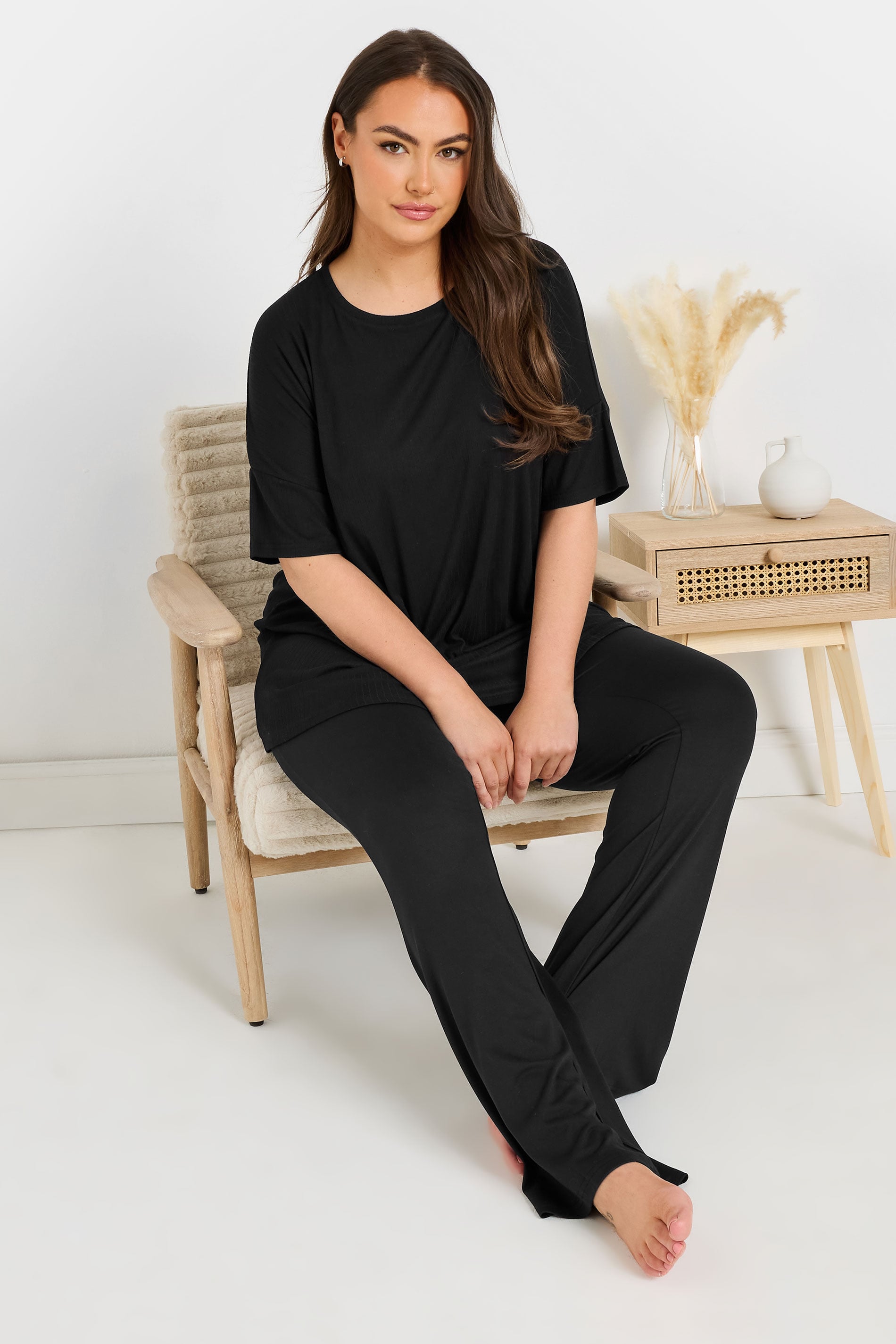  YOURS - Haut De Pyjama Noir Toucher Doux Nervuré Coupe Volantée