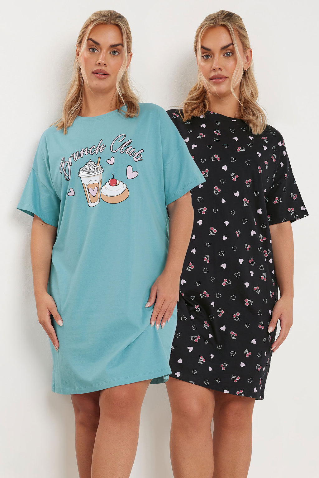  YOURS - Lot De 2 Chemises De Nuit Bleue & Noire 'Brunch Club'