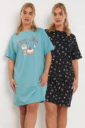  YOURS - Lot De 2 Chemises De Nuit Bleue & Noire 'Brunch Club'