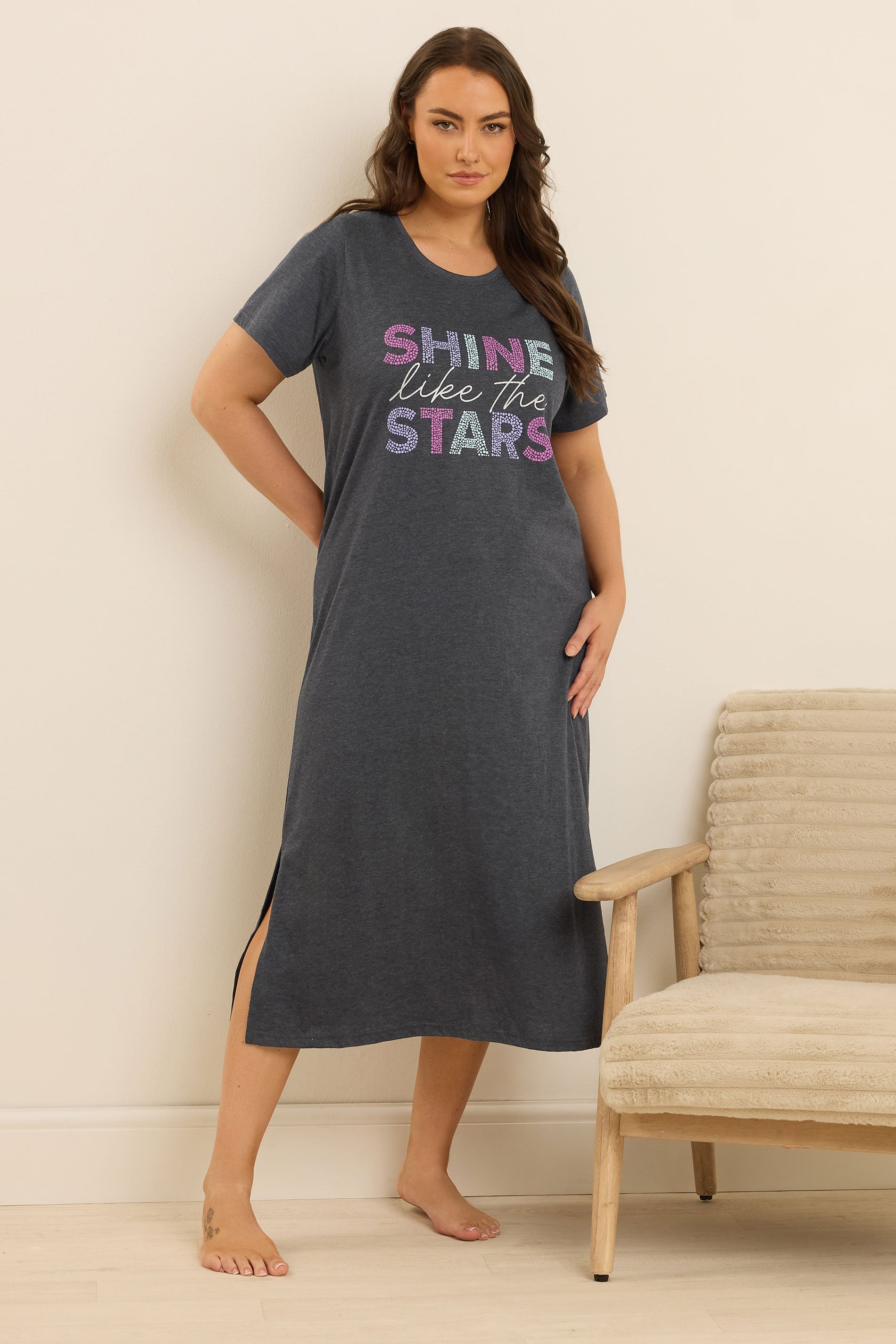  YOURS Curve Lot De 2 Chemises De Nuit Grises « Shine Like The Stars » Midaxi