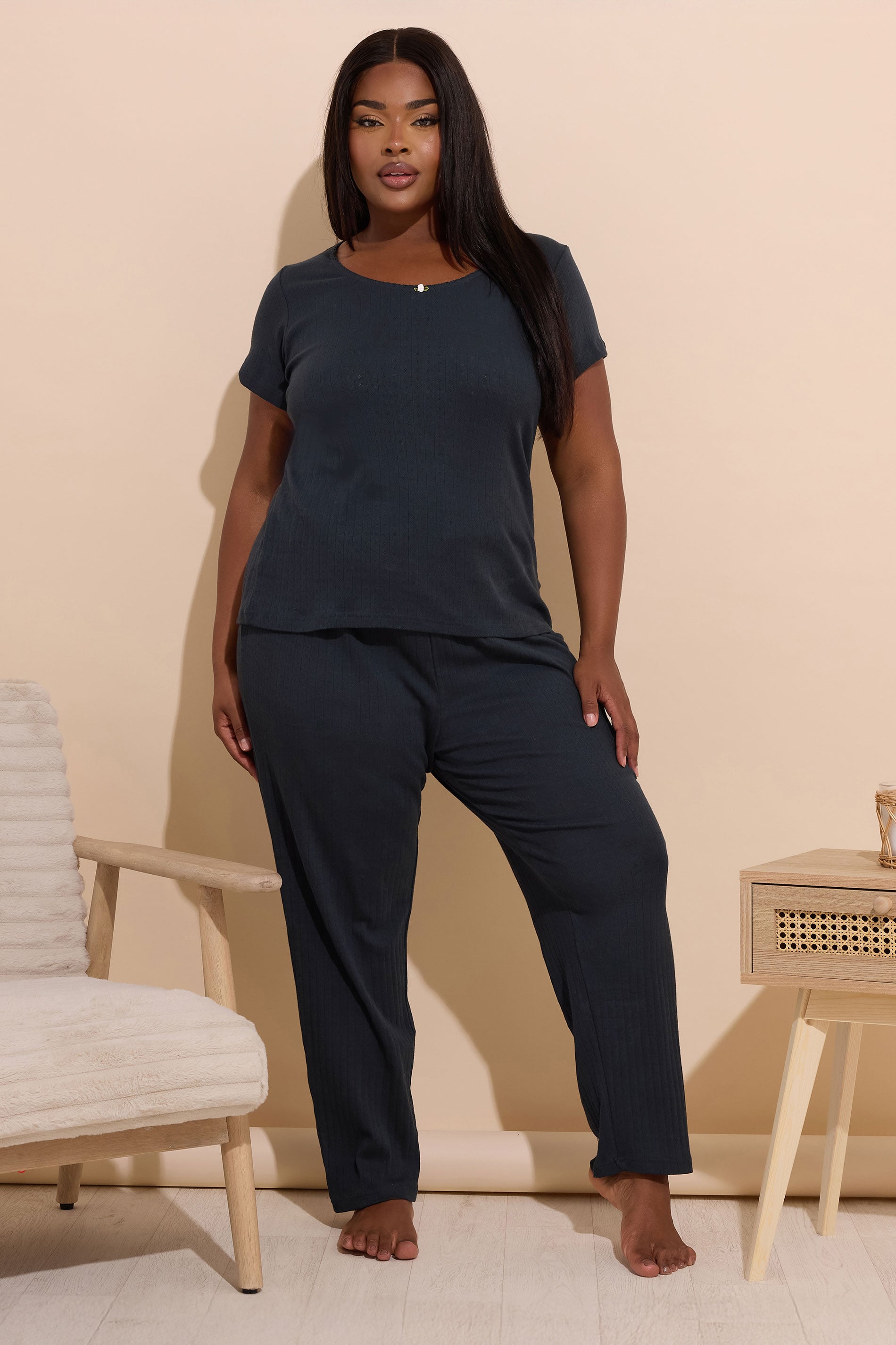  YOURS Curve Ensemble De Pyjama à Jambe Large En Pointelle Bleu Marine