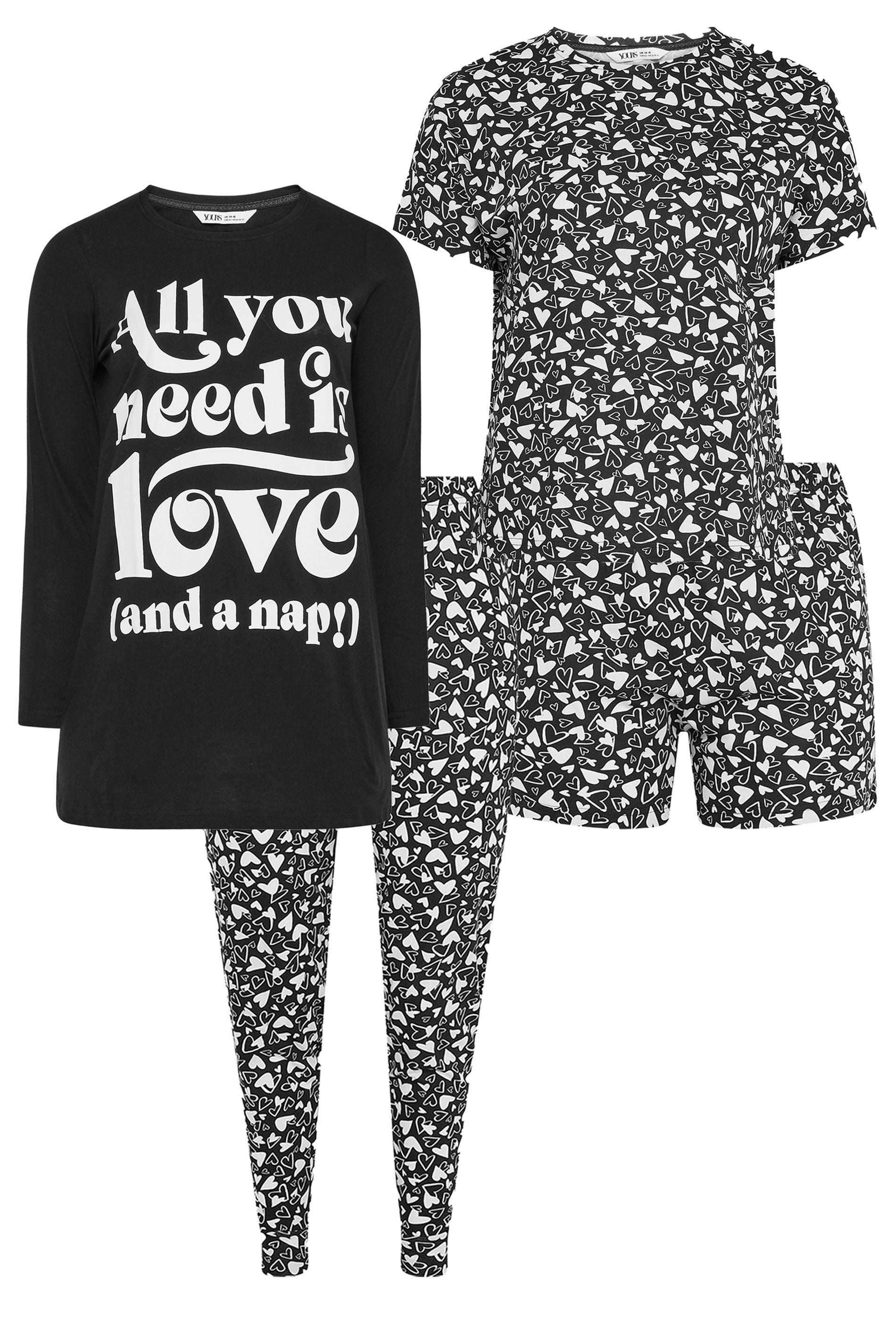  YOURS - Lot De 4 Pièces De Pyjamas Noir & Blanc Slogan