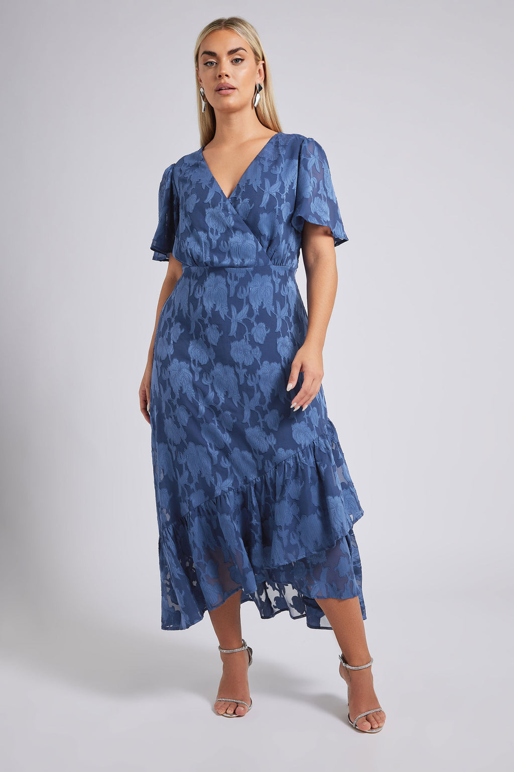  YOURS LONDON - Robe Bleue Marine Cache-Coeur Jacquard Floral
