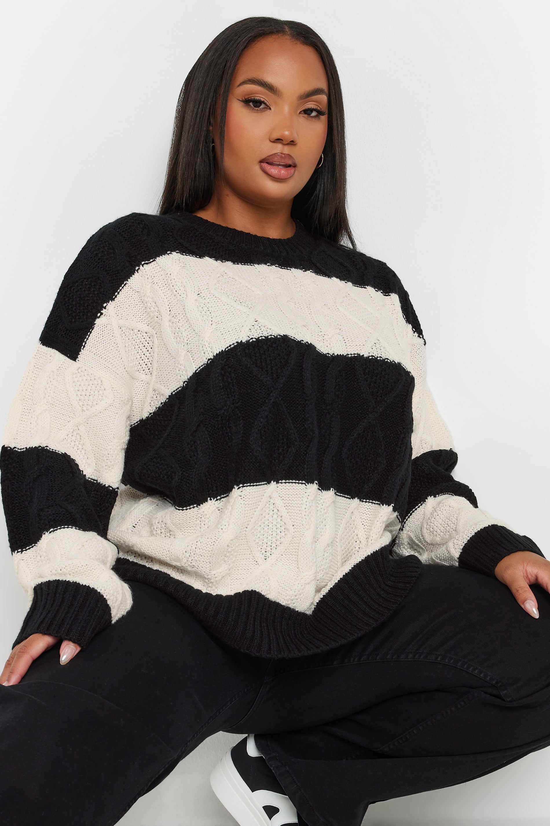  YOURS - Pull Noir & Crème En Maille Design Rayures