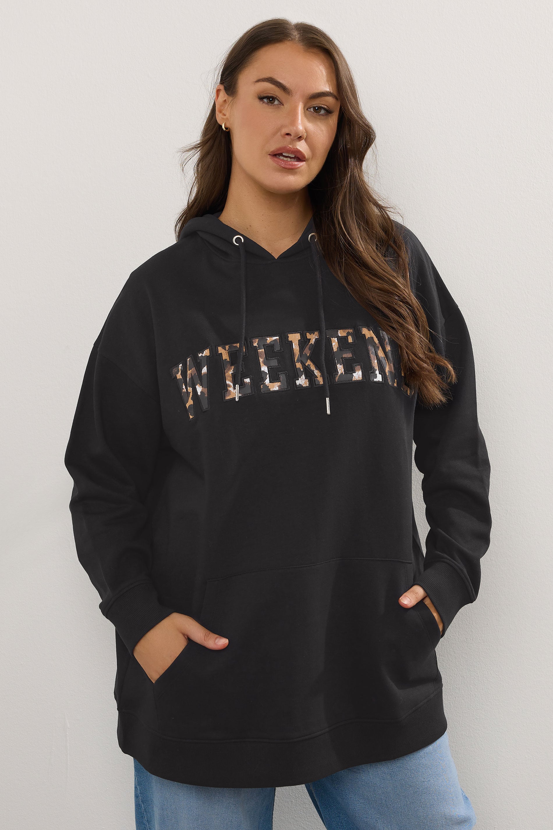  YOURS Curve Sweat à Capuche Noir Imprimé Léopard « Weekend »