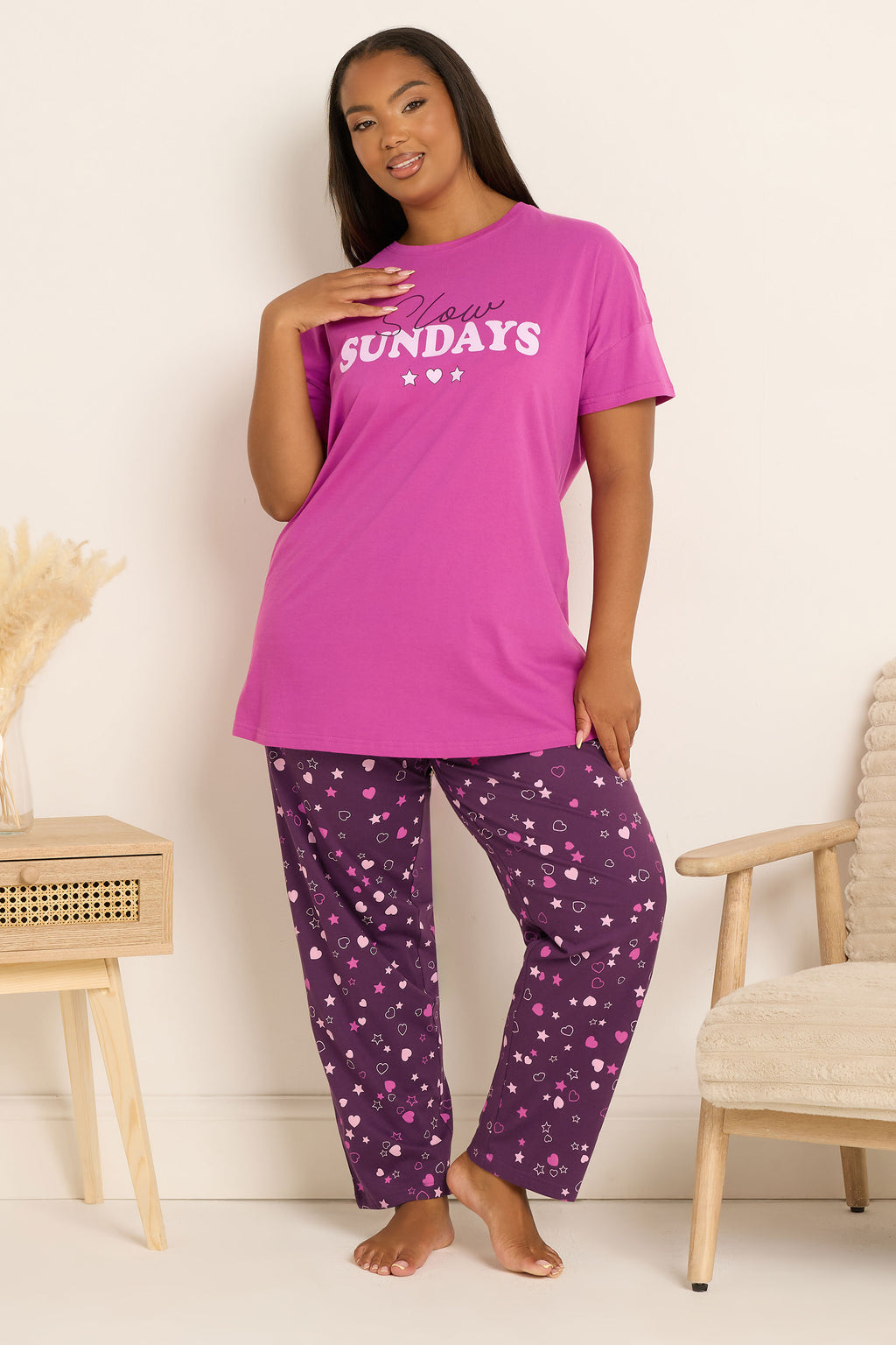  YOURS Curve Ensemble De Pyjama Rose à Jambes Larges « Slow Sundays » Avec Cœur