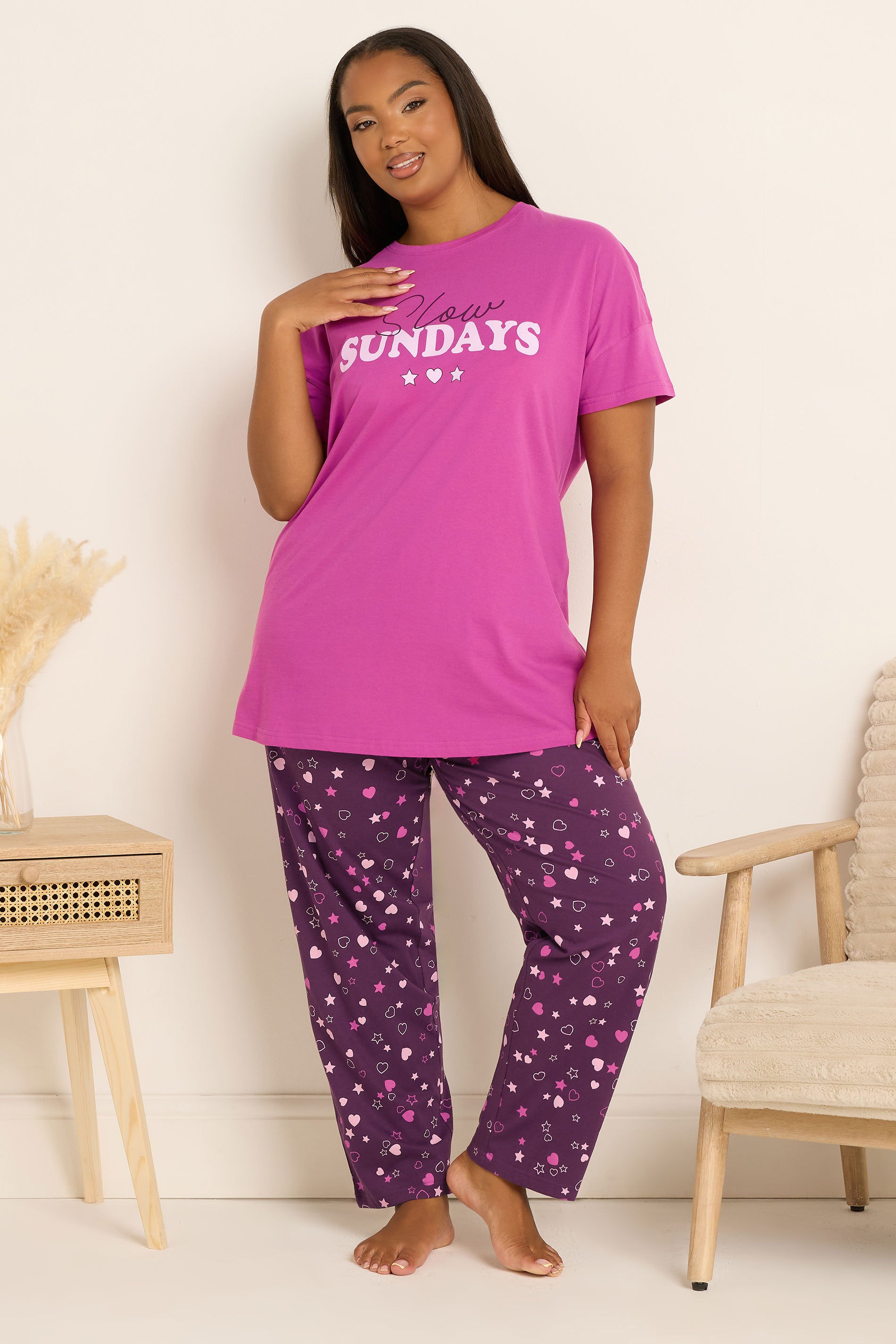  YOURS Curve Ensemble De Pyjama Rose à Jambes Larges « Slow Sundays » Avec Cœur