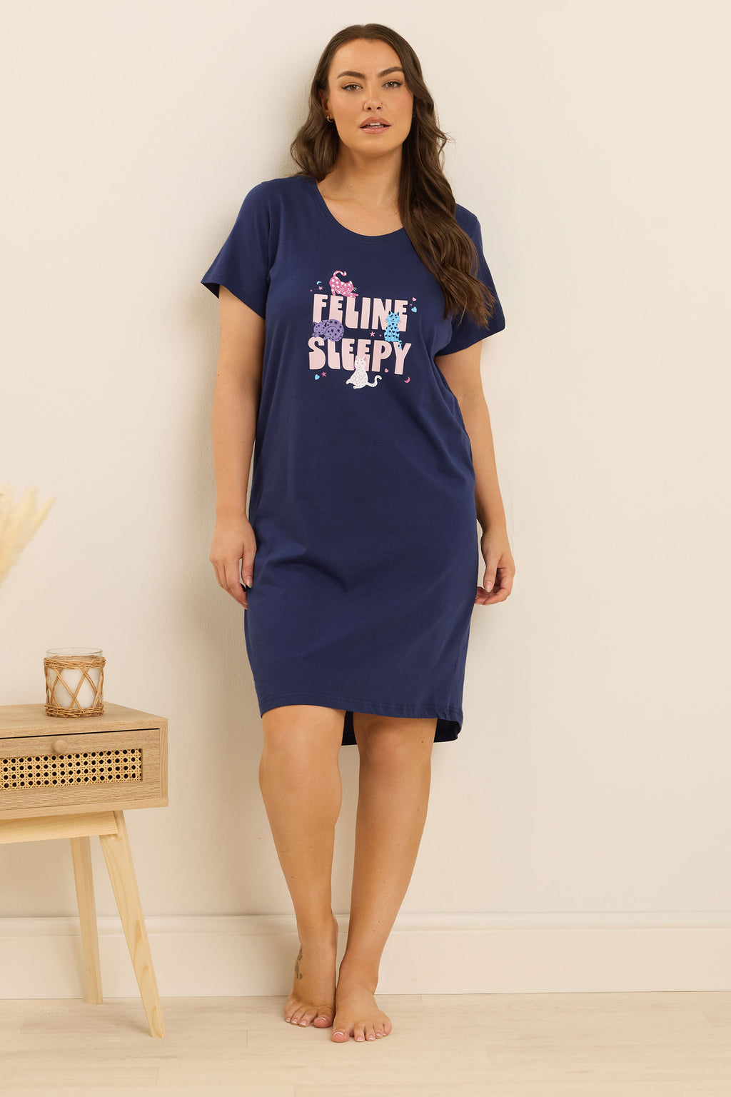  YOURS Lot De 2 Chemises De Nuit Curve à Imprimé Chat Rose Et Bleu