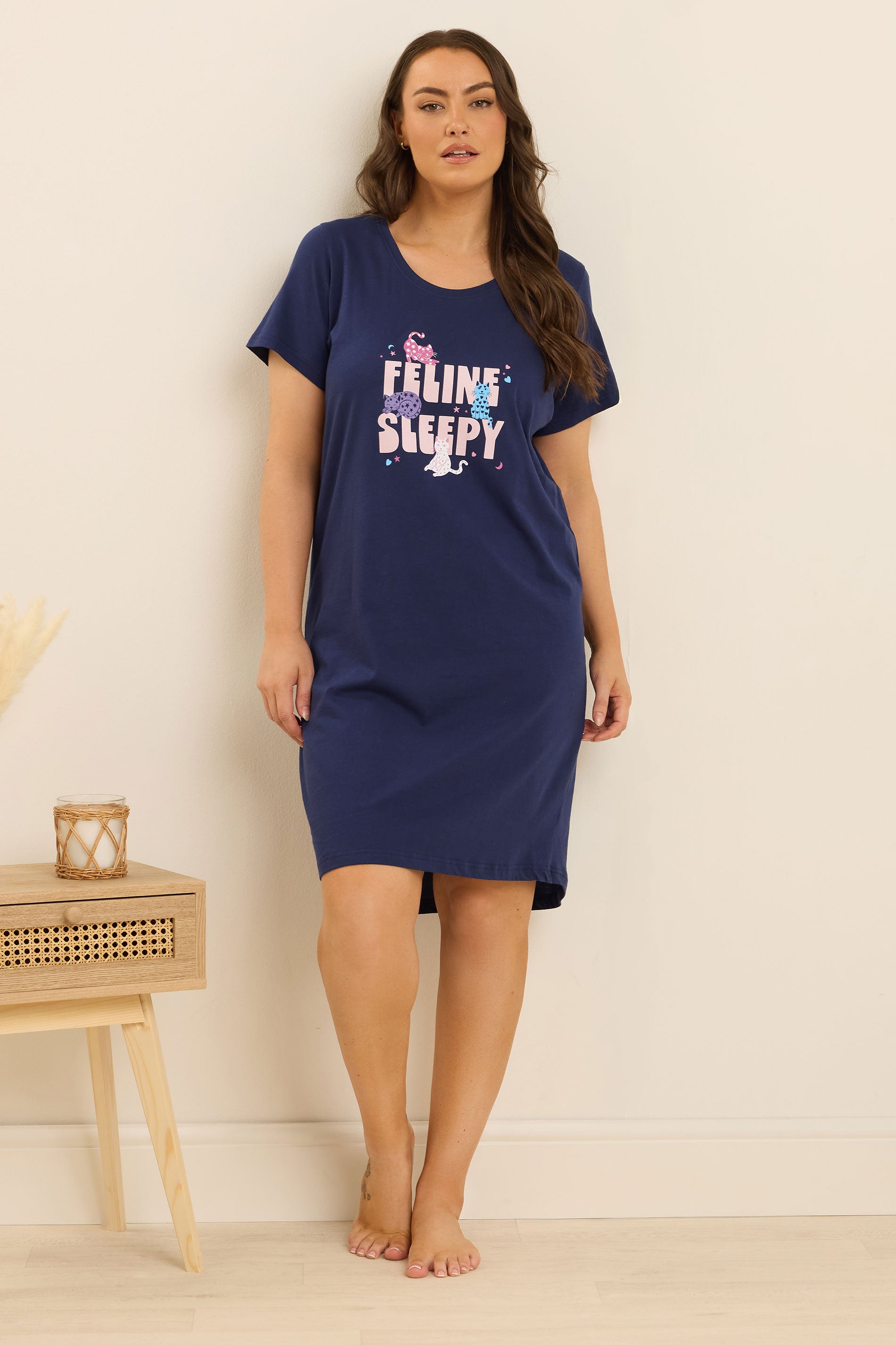  YOURS Lot De 2 Chemises De Nuit Curve à Imprimé Chat Rose Et Bleu