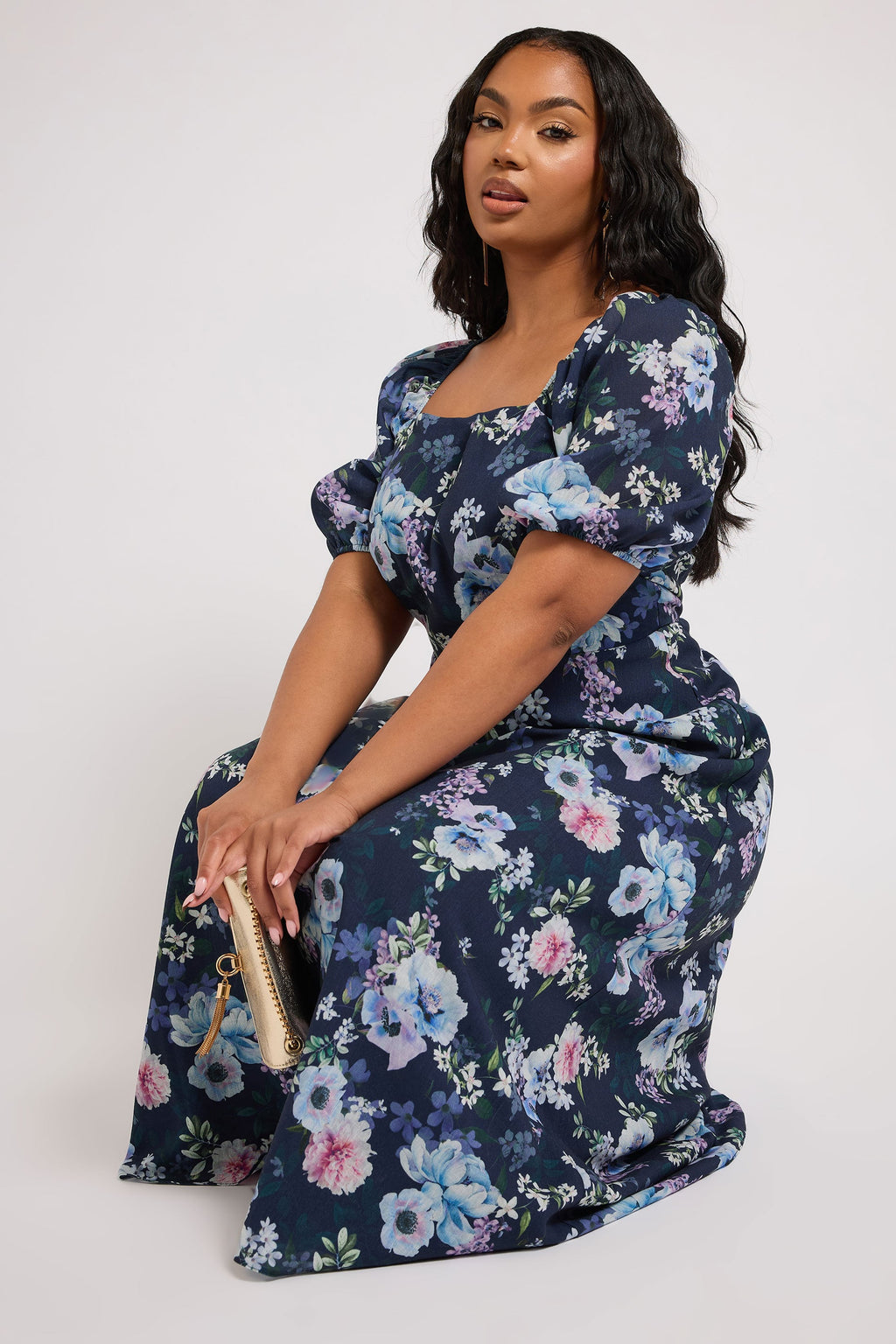  YOURS LONDON - Robe Floral Bleue Marine Manches Courtes En Ballons