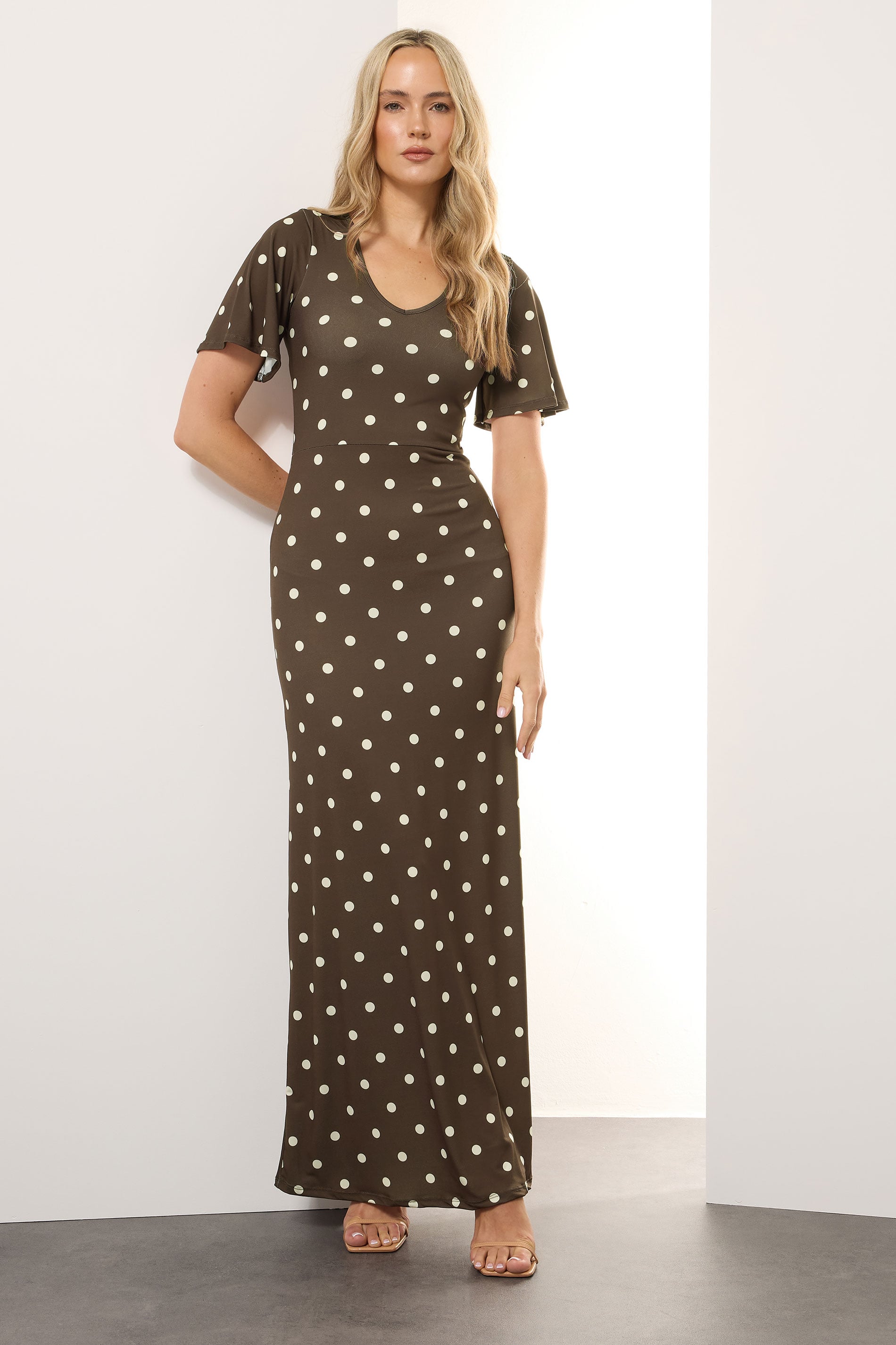  LTS Tall Brown Spot Angel Sleeve Maxi Dress