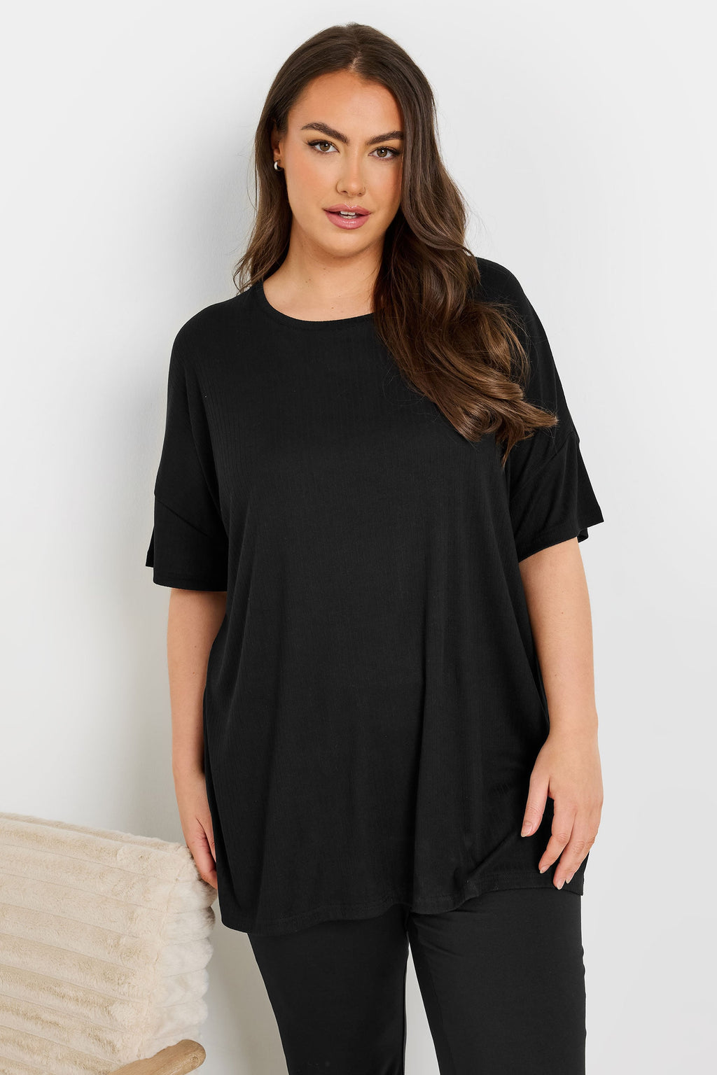  YOURS - Haut De Pyjama Noir Toucher Doux Nervuré Coupe Volantée