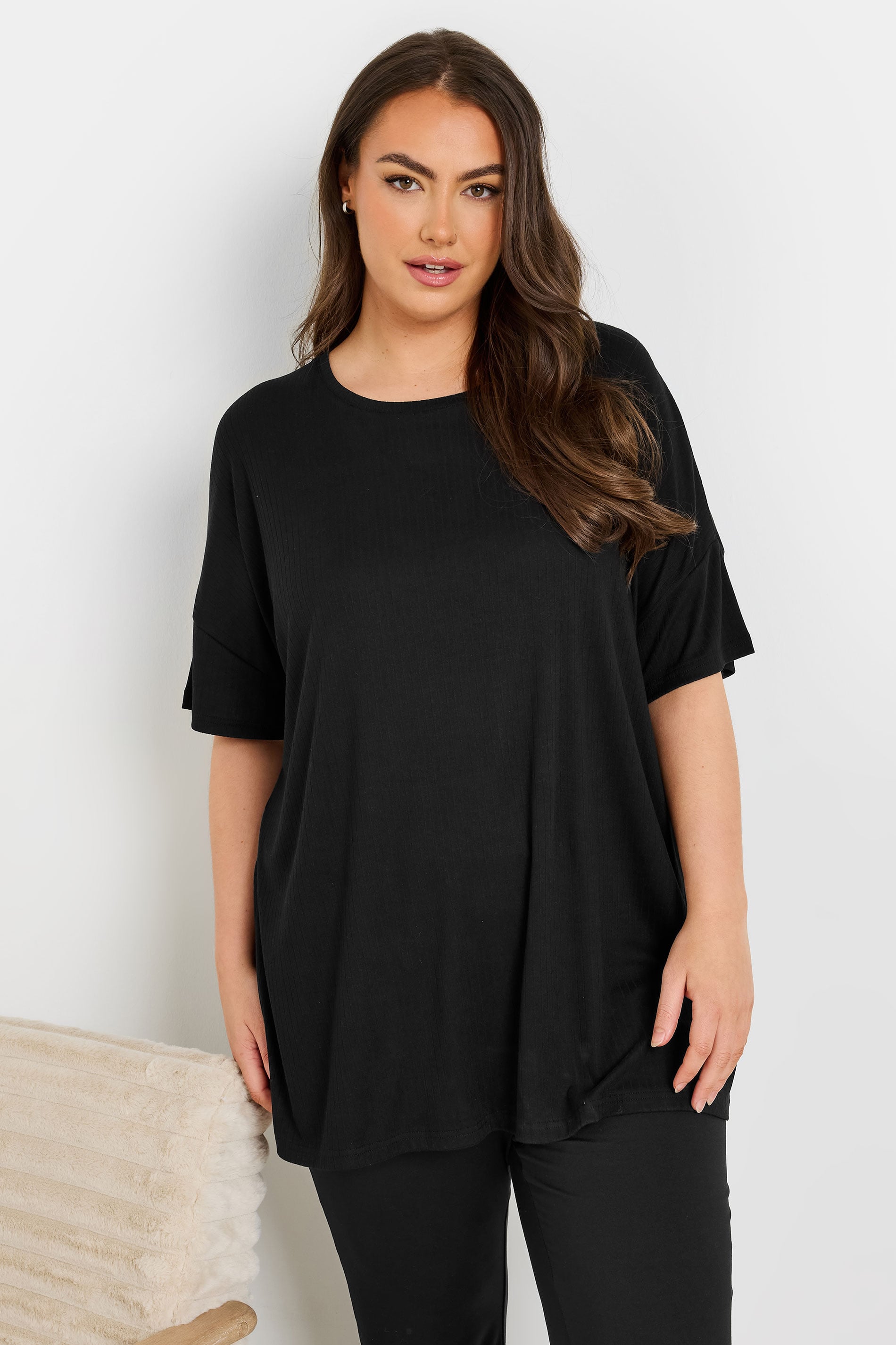 YOURS - Haut De Pyjama Noir Toucher Doux Nervuré Coupe Volantée