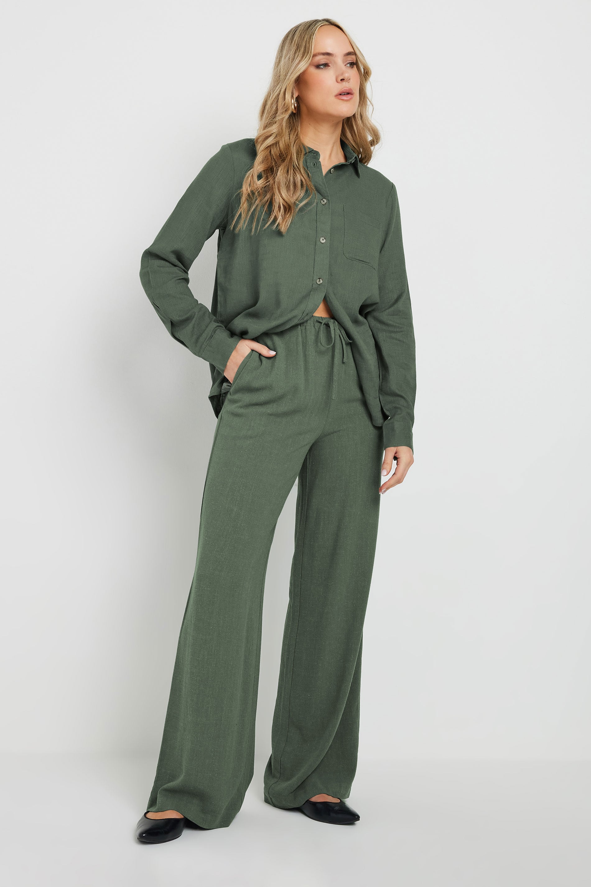  LTS Tall Khaki Green Linen Oversized Long Sleeve Shirt