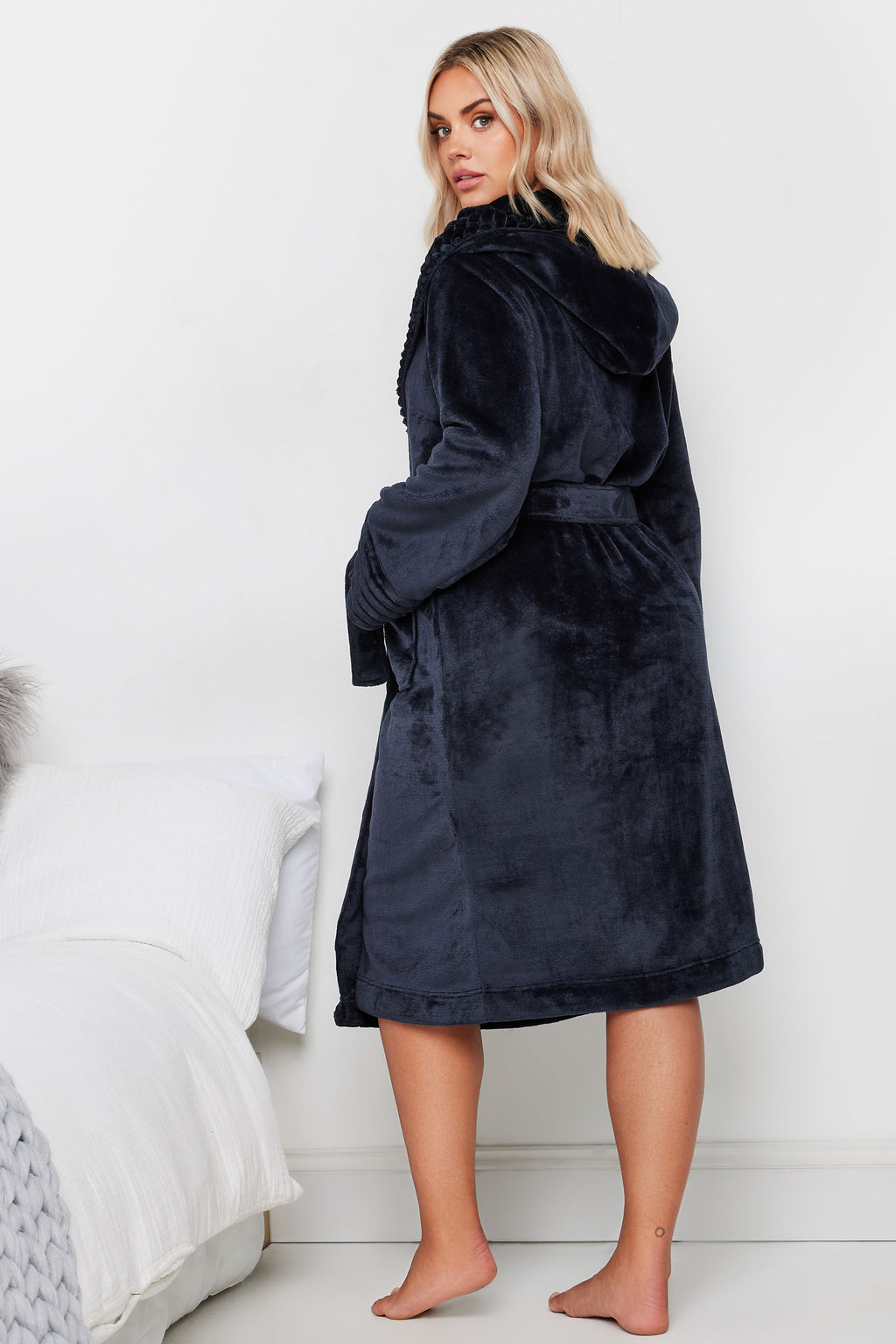  YOURS - Robe De Chambre Bleue Marine Gauffrée Nervurée à Capuche