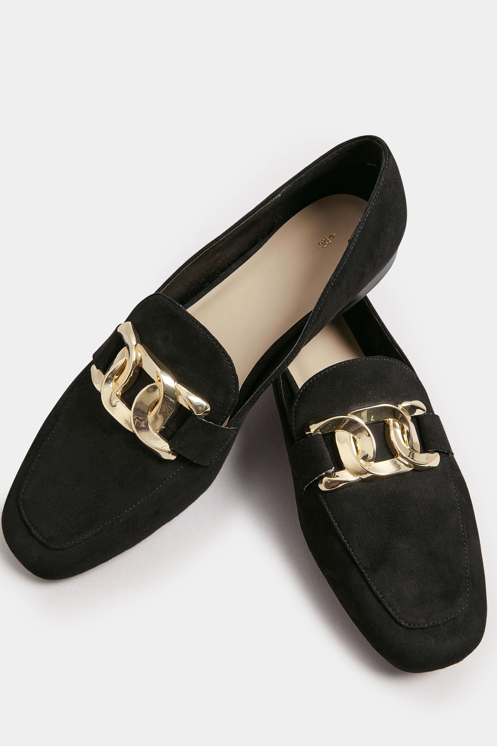  Mocassins Noirs Effet Daim Chaînes Larges Dorées Pieds Larges E