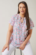  EVANS Curve Pink Floral Print Tie Neck Blouse
