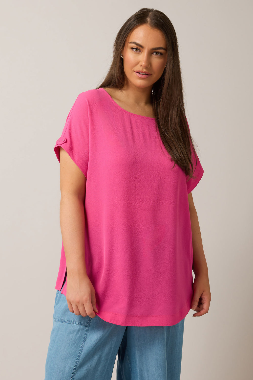  EVANS Curve Pink Button Sleeve Blouse