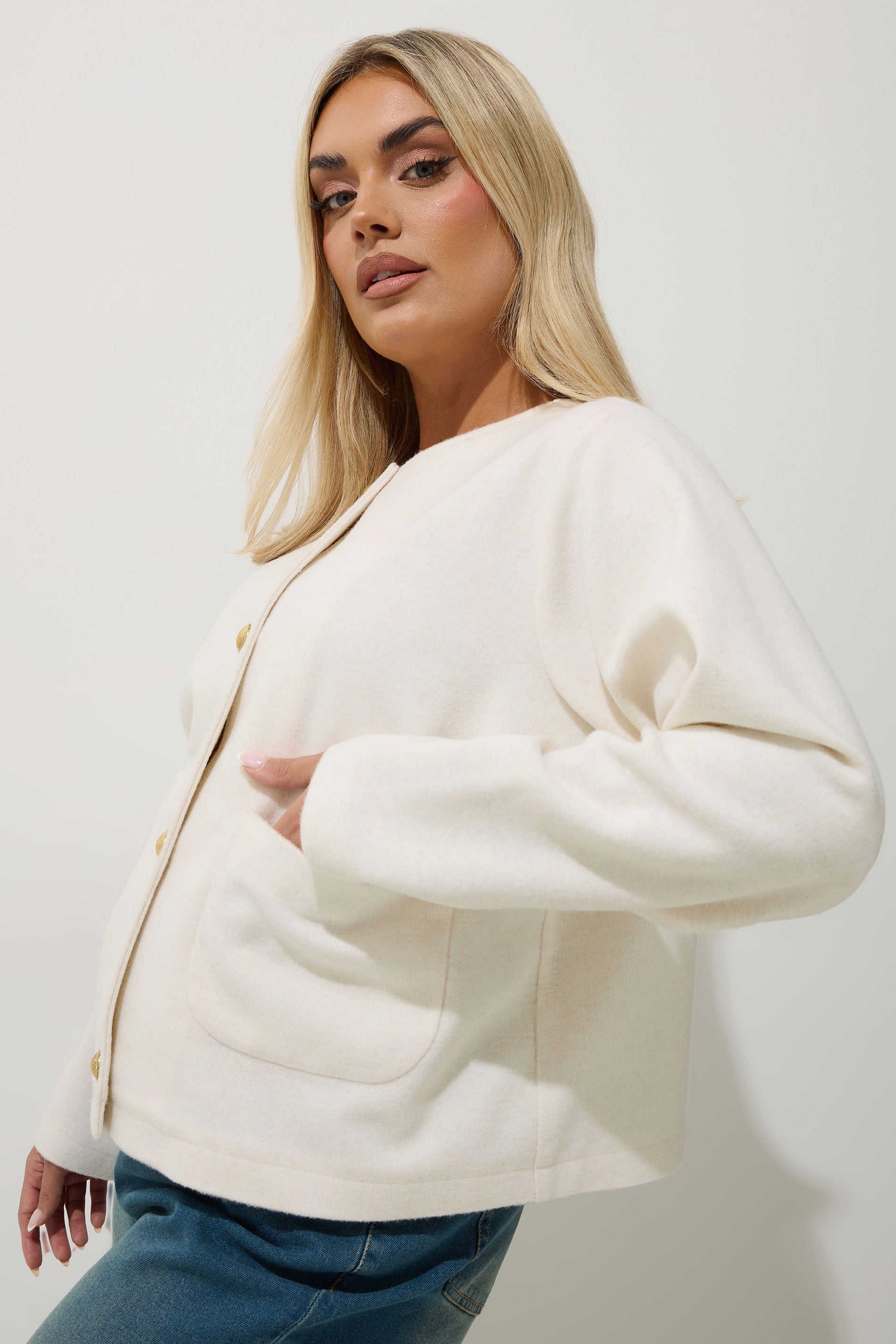  LIMITED COLLECTION - Veste Crème Boutonnée Sans Col Manches Longues
