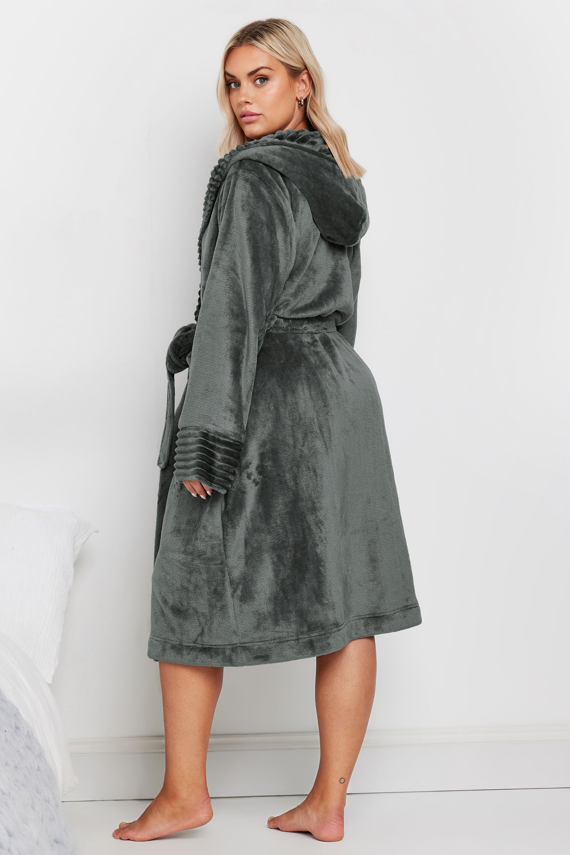  YOURS - Robe De Chambre Grise Gauffrée Nervurée à Capuche