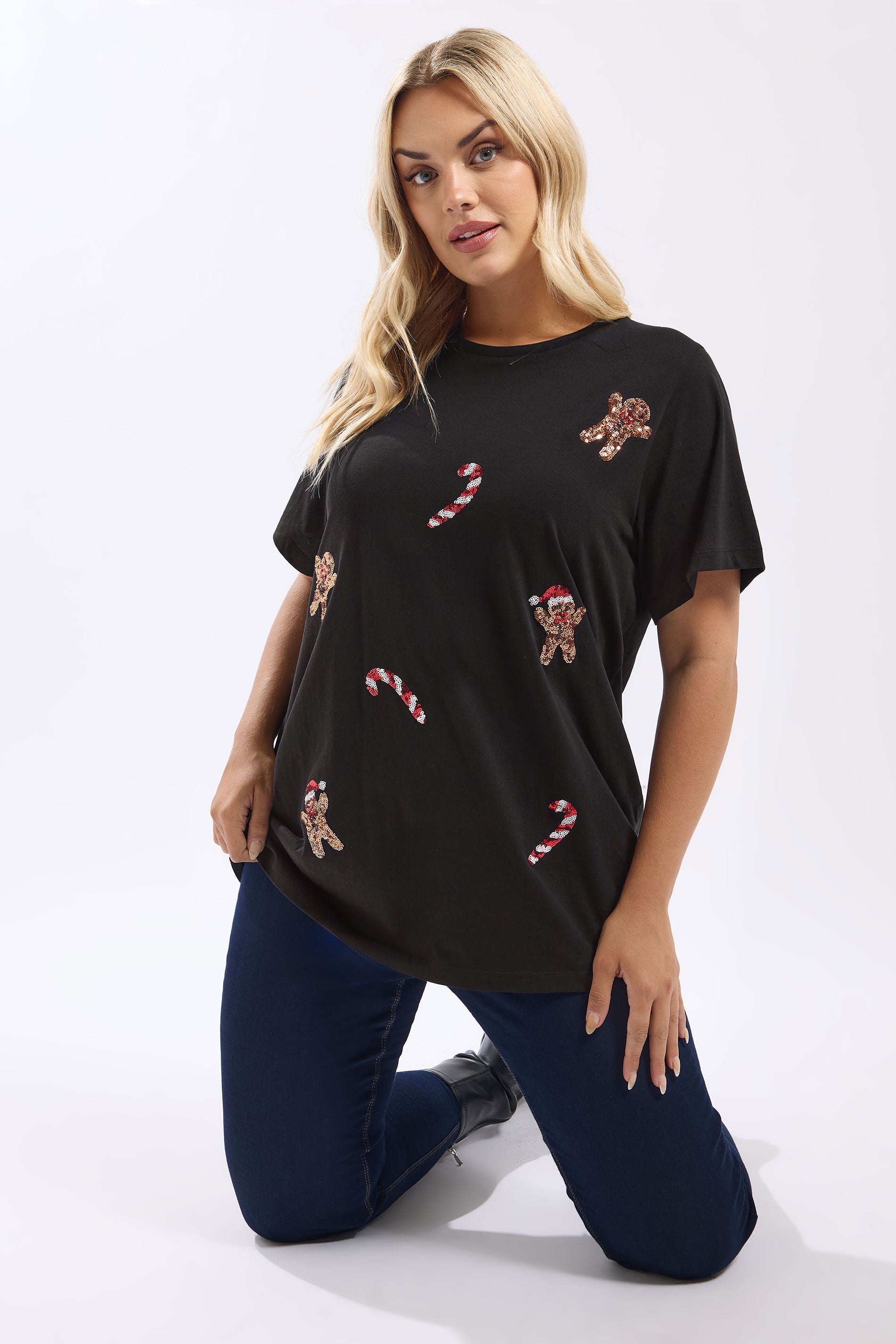  YOURS Curve T-shirt Fantaisie Noir à Sequins En Forme De Bonhomme En Pain D'épices