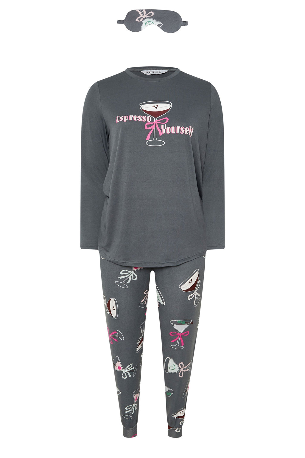  YOURS Curve Grey Ensemble Pyjama Doux Au Toucher Et Masque Pour Les Yeux « Espresso Yourself »