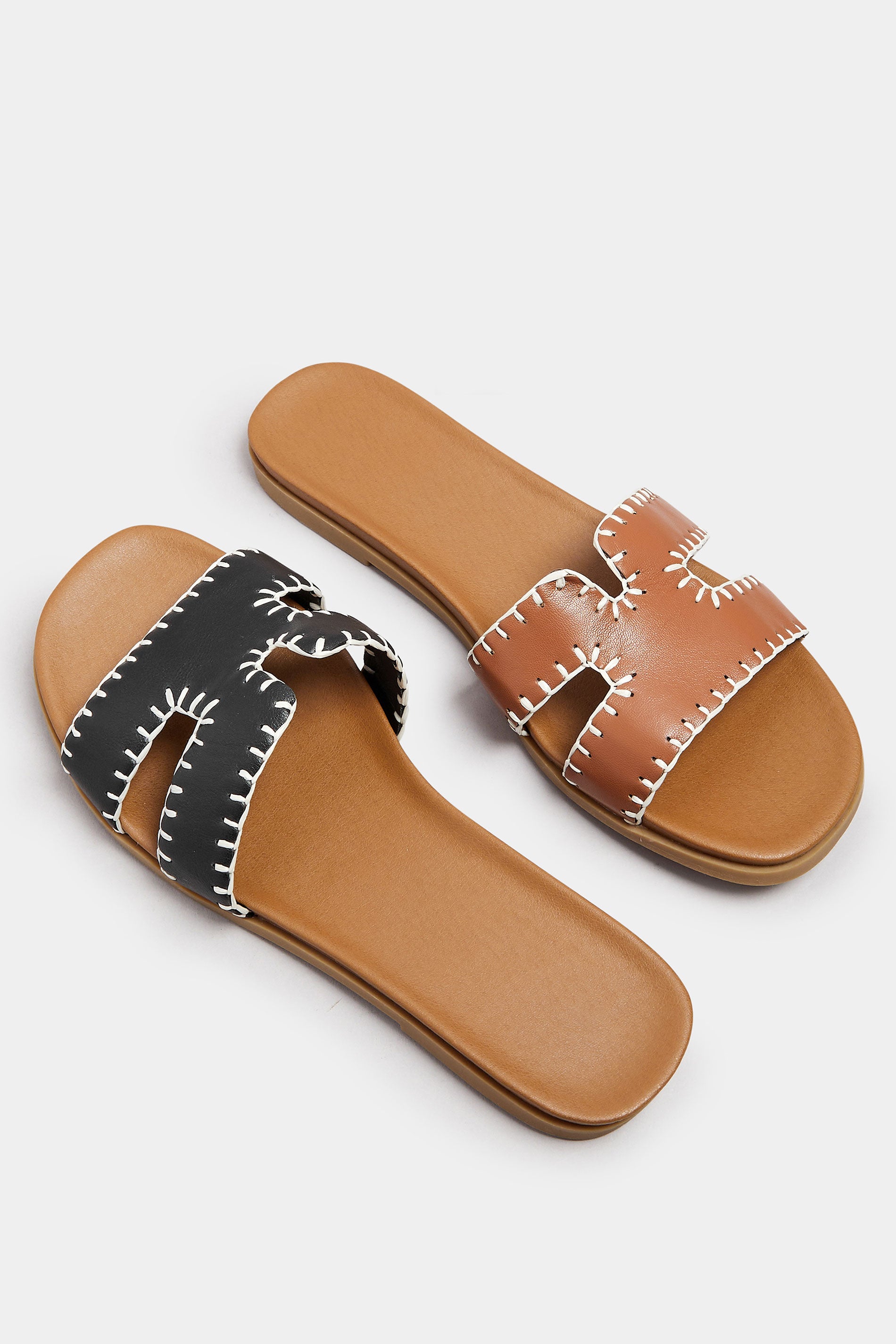  Mules Plates Noires Effet Cuir Design Couture Pieds Extra Larges EEE
