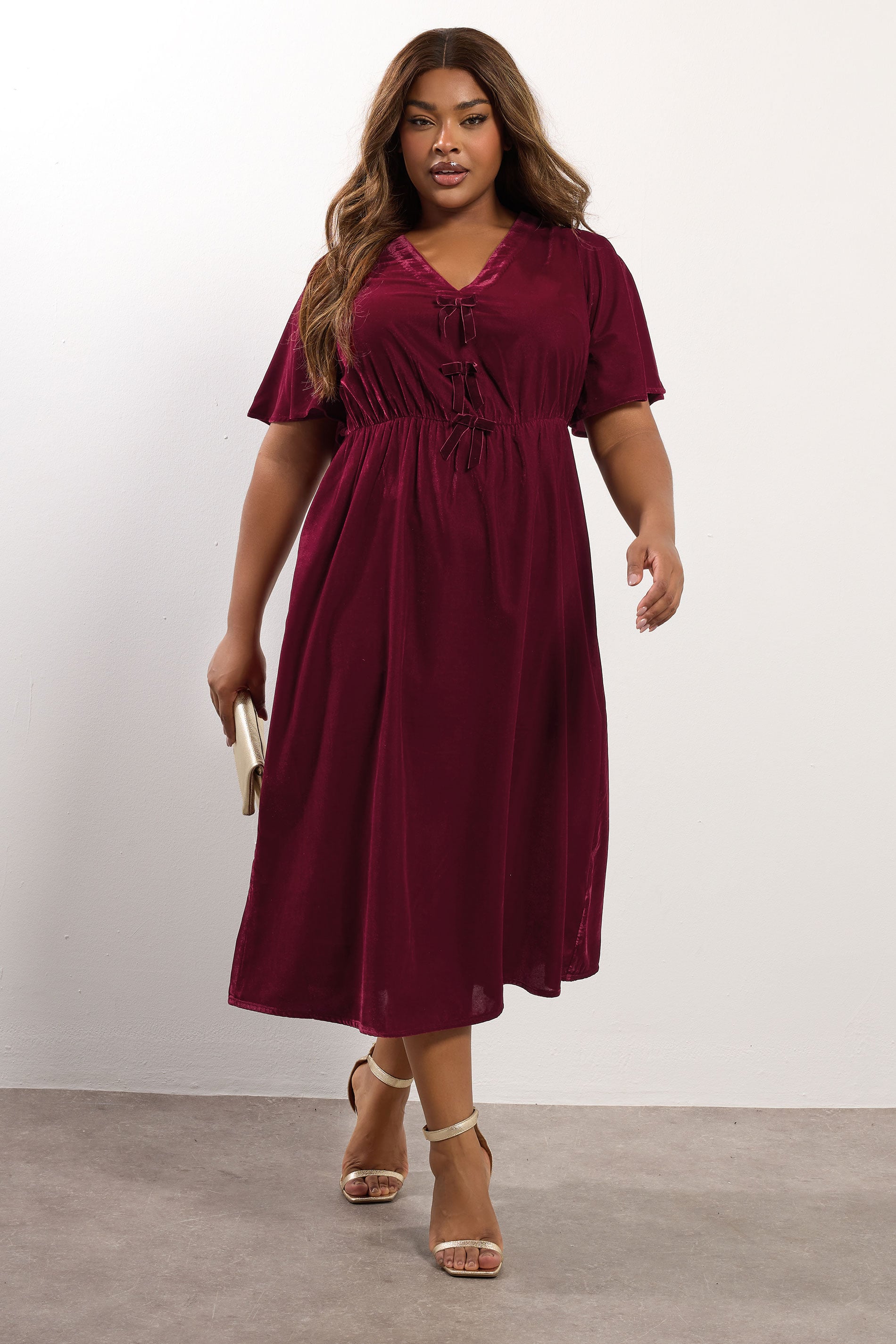  YOURS Curve Robe Longue En Velours Rouge Avec Nœud Sur Le Devant