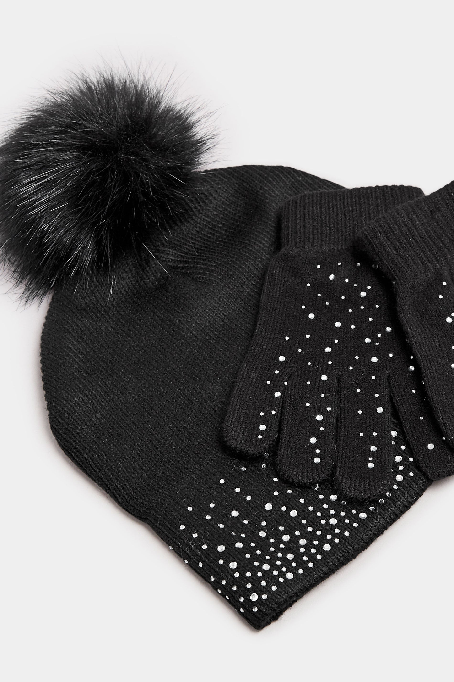  Ensemble Bonnet à Pompon Et Gants Ornés De Diamants Noirs