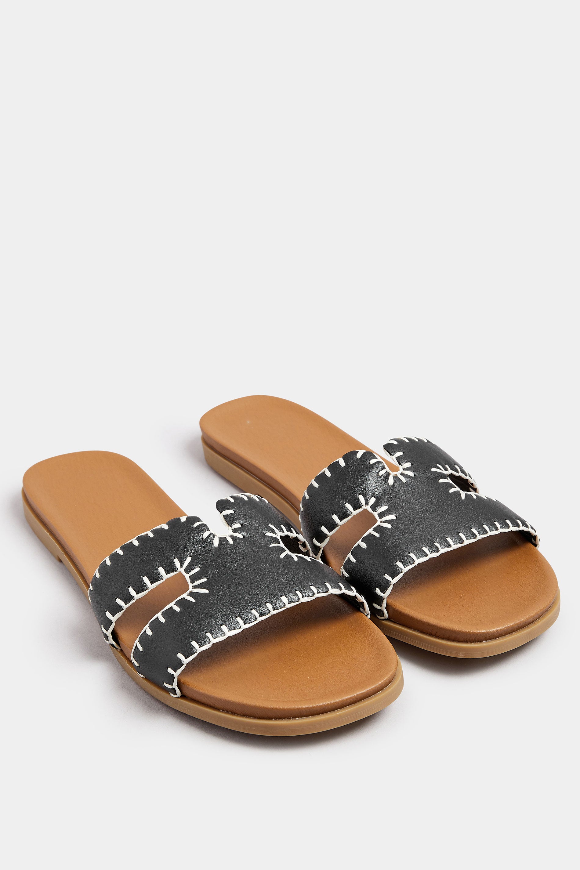  Mules Plates Noires Effet Cuir Design Couture Pieds Extra Larges EEE