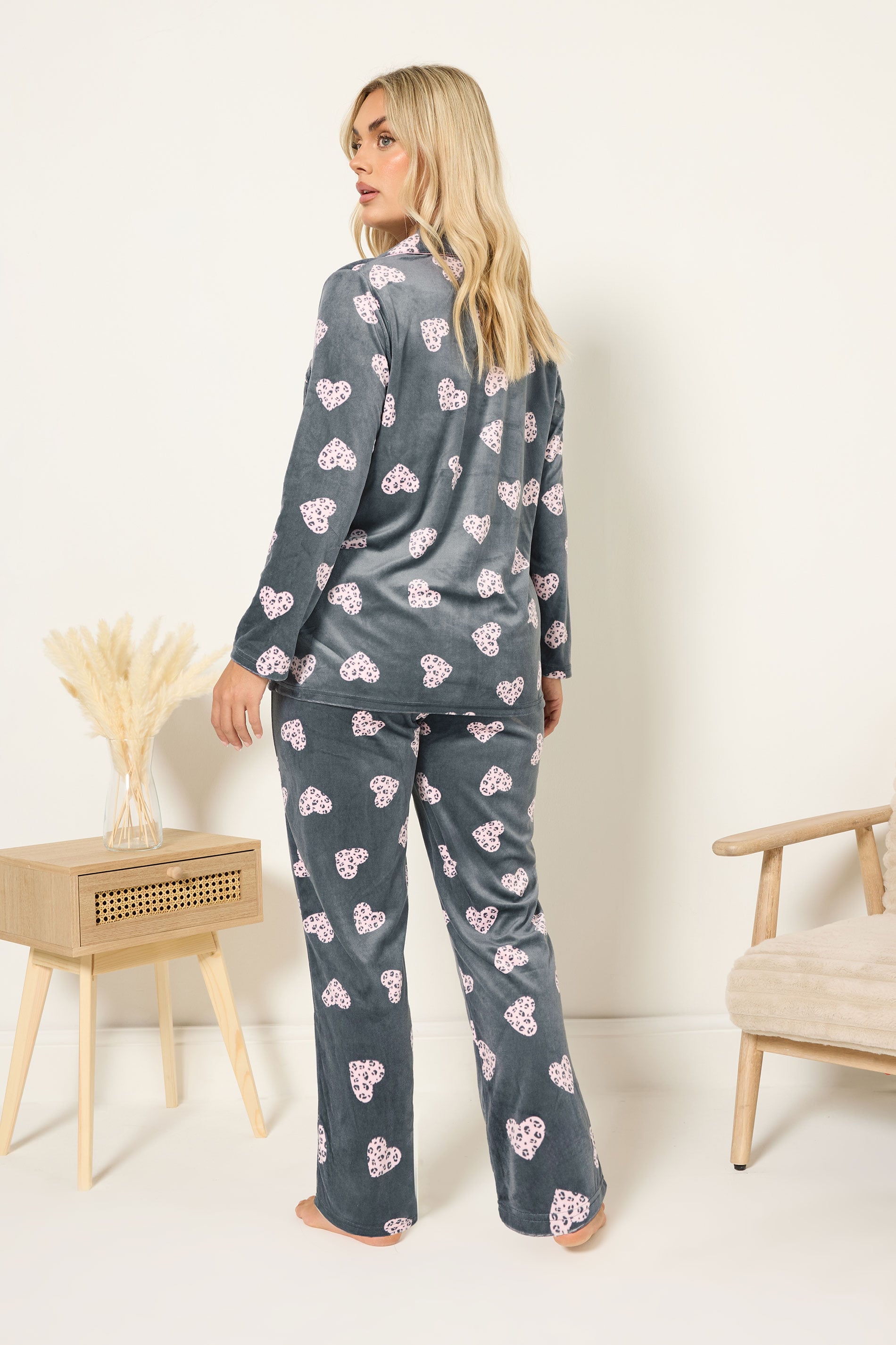  YOURS Curve Ensemble De Pyjama En Polaire Gris à Imprimé Cœur Animal