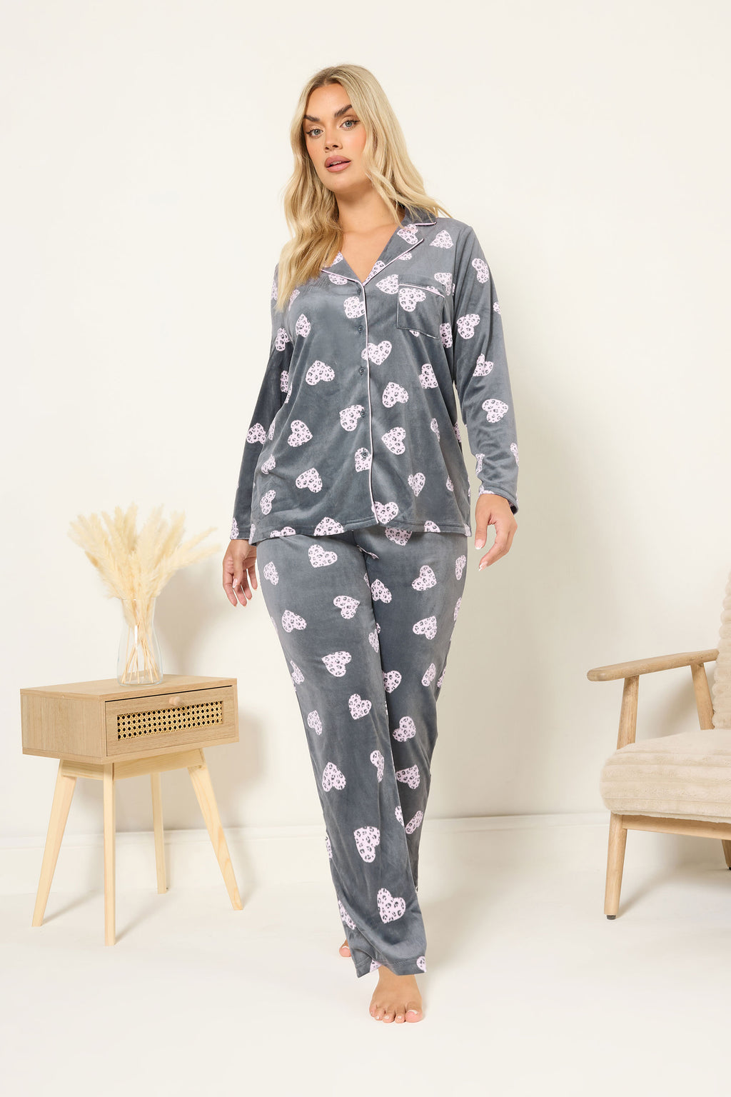  YOURS Curve Ensemble De Pyjama En Polaire Gris à Imprimé Cœur Animal