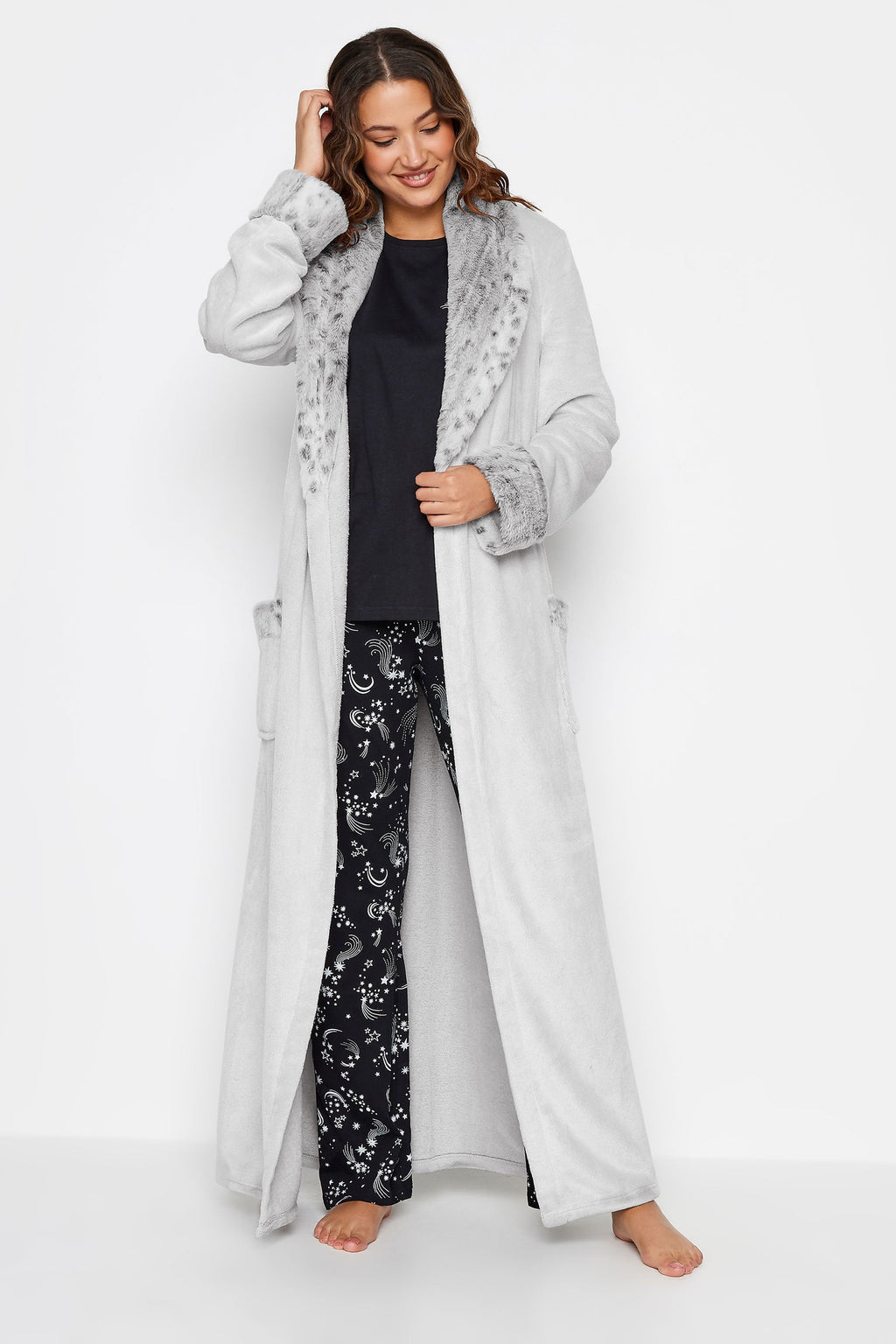  LTS Tall Light Grey Animal Print Shawl Maxi Dressing Gown