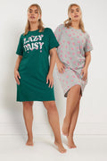  YOURS - Lot De 2 Chemises De Nuit Verte & Grise 'Lazy Daisy'