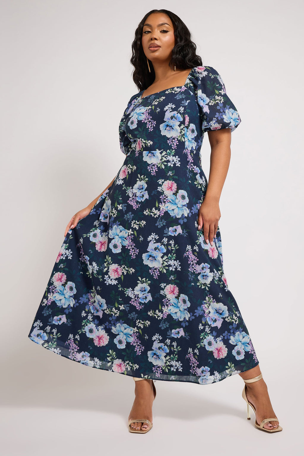  YOURS LONDON - Robe Floral Bleue Marine Manches Courtes En Ballons