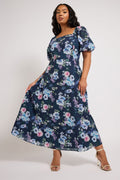  YOURS LONDON - Robe Floral Bleue Marine Manches Courtes En Ballons